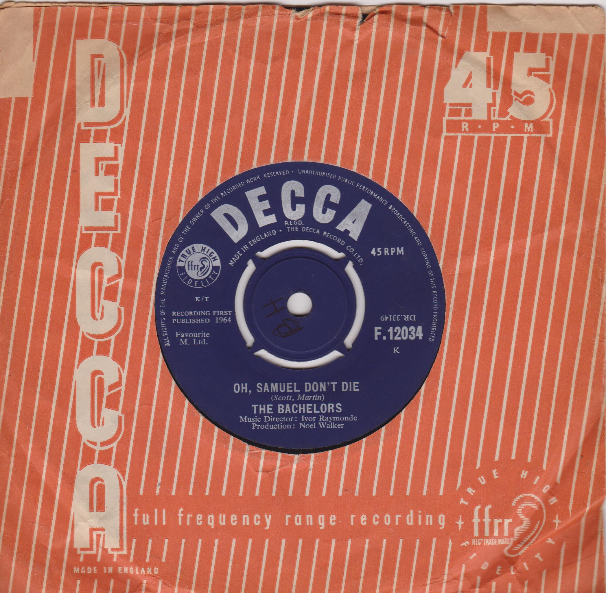 The Bachelors – No Arms Can Ever Hold You (Decca 1964) 7" vinyl single VG/VG