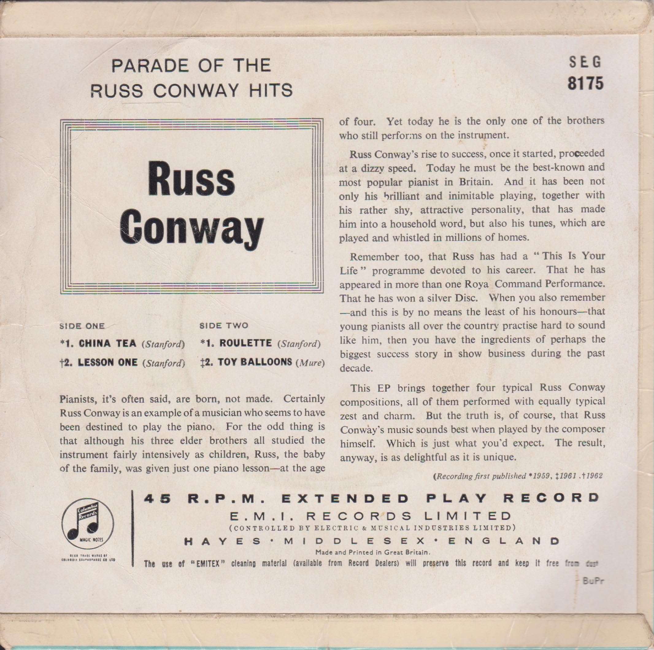 Russ Conway's Tops in Party Pops (Columbia 1961) 7" vinyl EP VG/VG