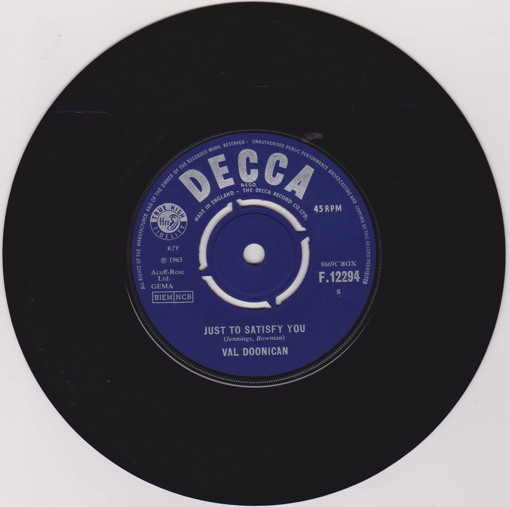 Val Doonican - Just To Satisfy You (Decca 1965) 7" vinyl single VG/VG