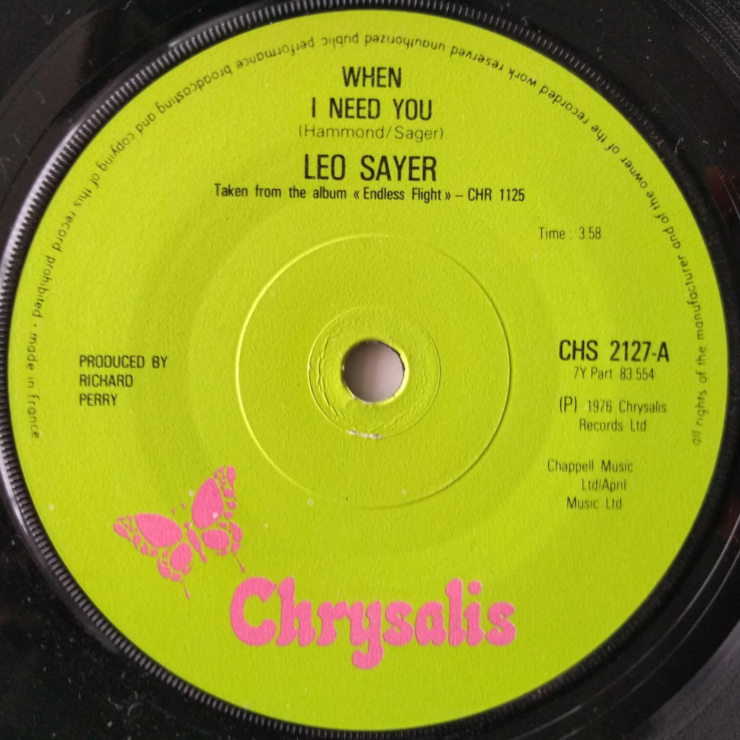Leo Sayer - When I Need You (Chrysalis 1977) 7" vinyl single VG/-
