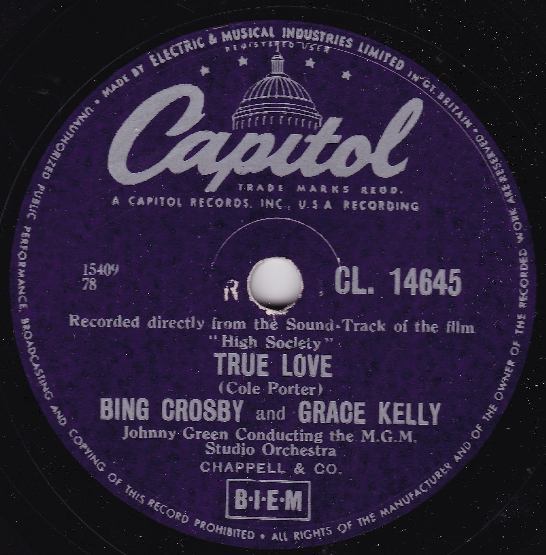Bing Crosby And Grace Kelly - True Love (Capitol 1956) 10" 78RPM shellac single VGVG