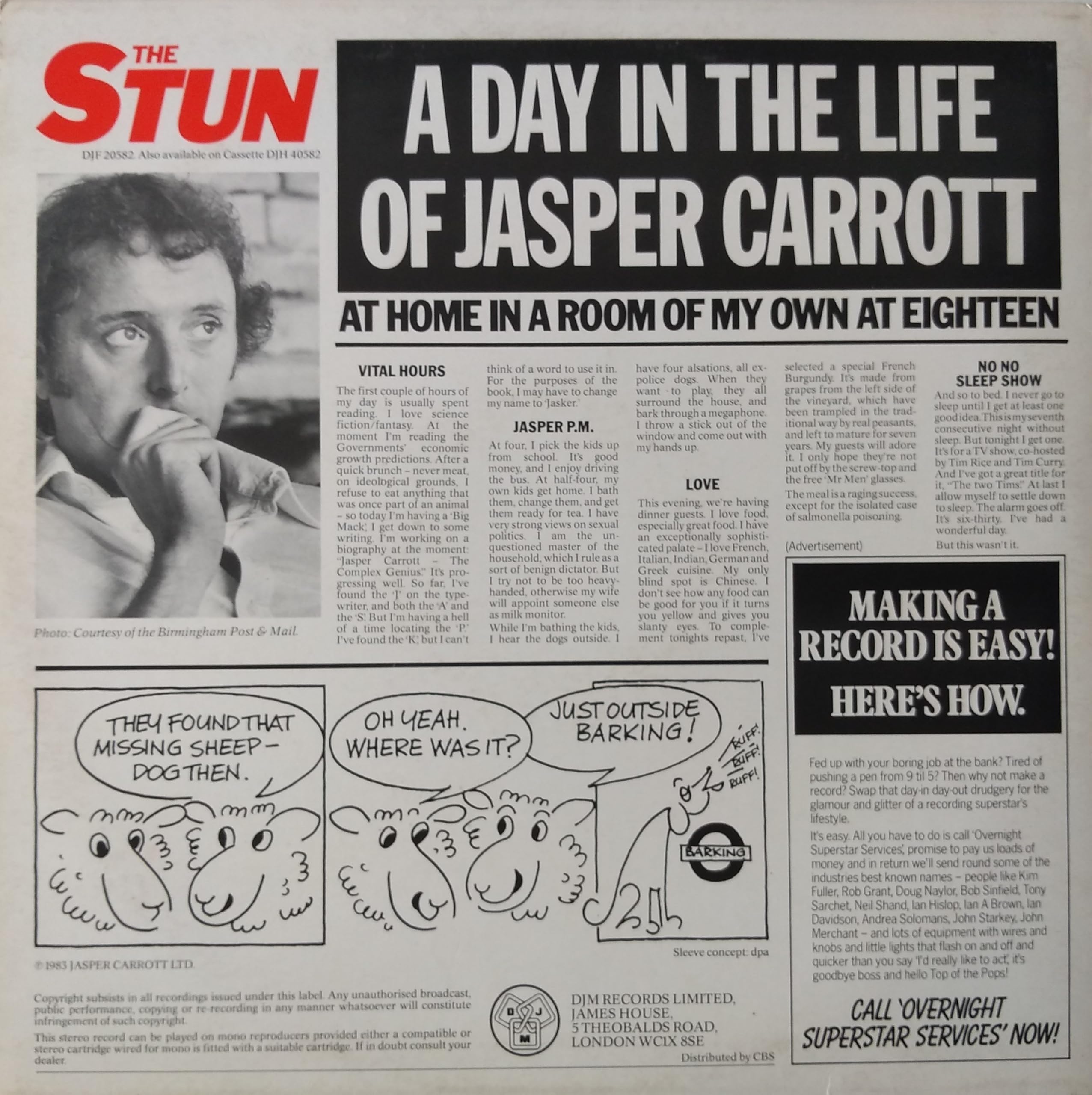 Jasper Carrott ‎– The Stun (Carrott Tells All) (DJMm 1983) 12" vinyl LP VG/VG