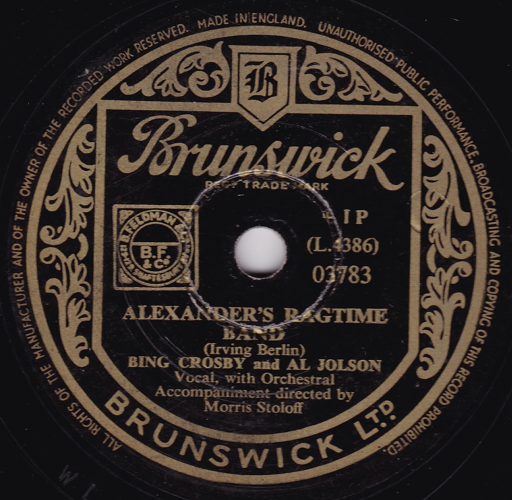 Bing Crosby And Al Jolson – Alexander's Ragtime Band (Brunswick) 10" 78 RPM Record shellac single VG/-