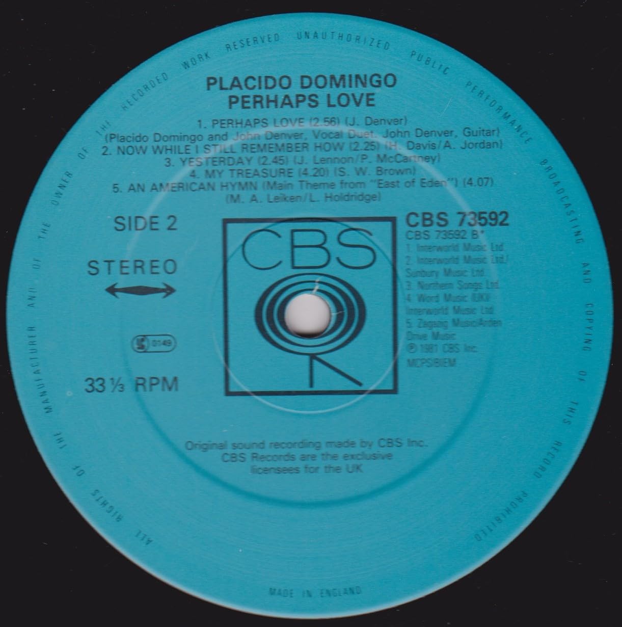 Placido Domingo With John Denver ‎– Perhaps Love (CBS 1981) 12" vinyl LP VG/VG