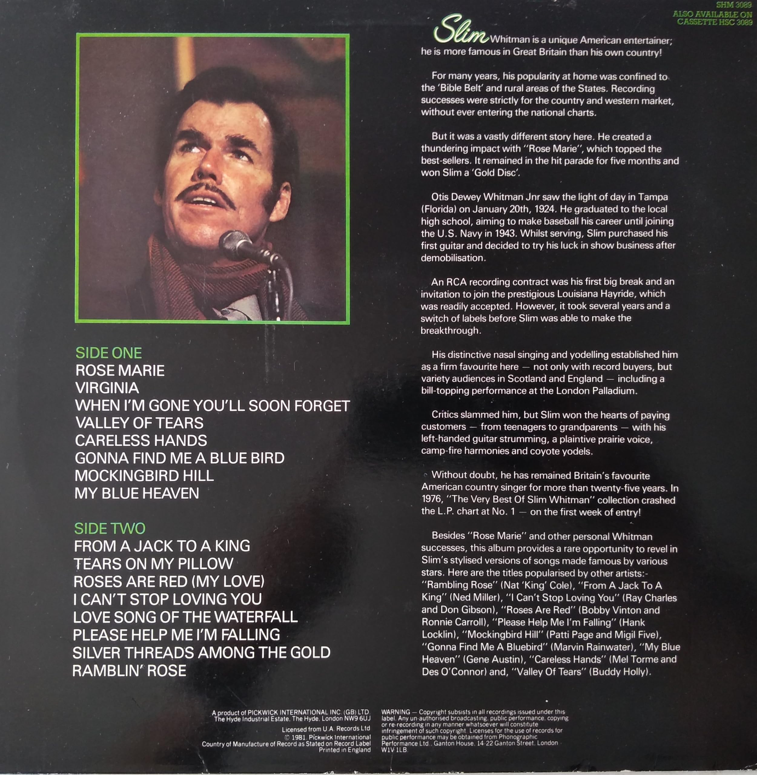 Slim Whitman – Rose Marie And Other Love Songs (Pickwick 1982) 12" vinyl LP VG/VG
