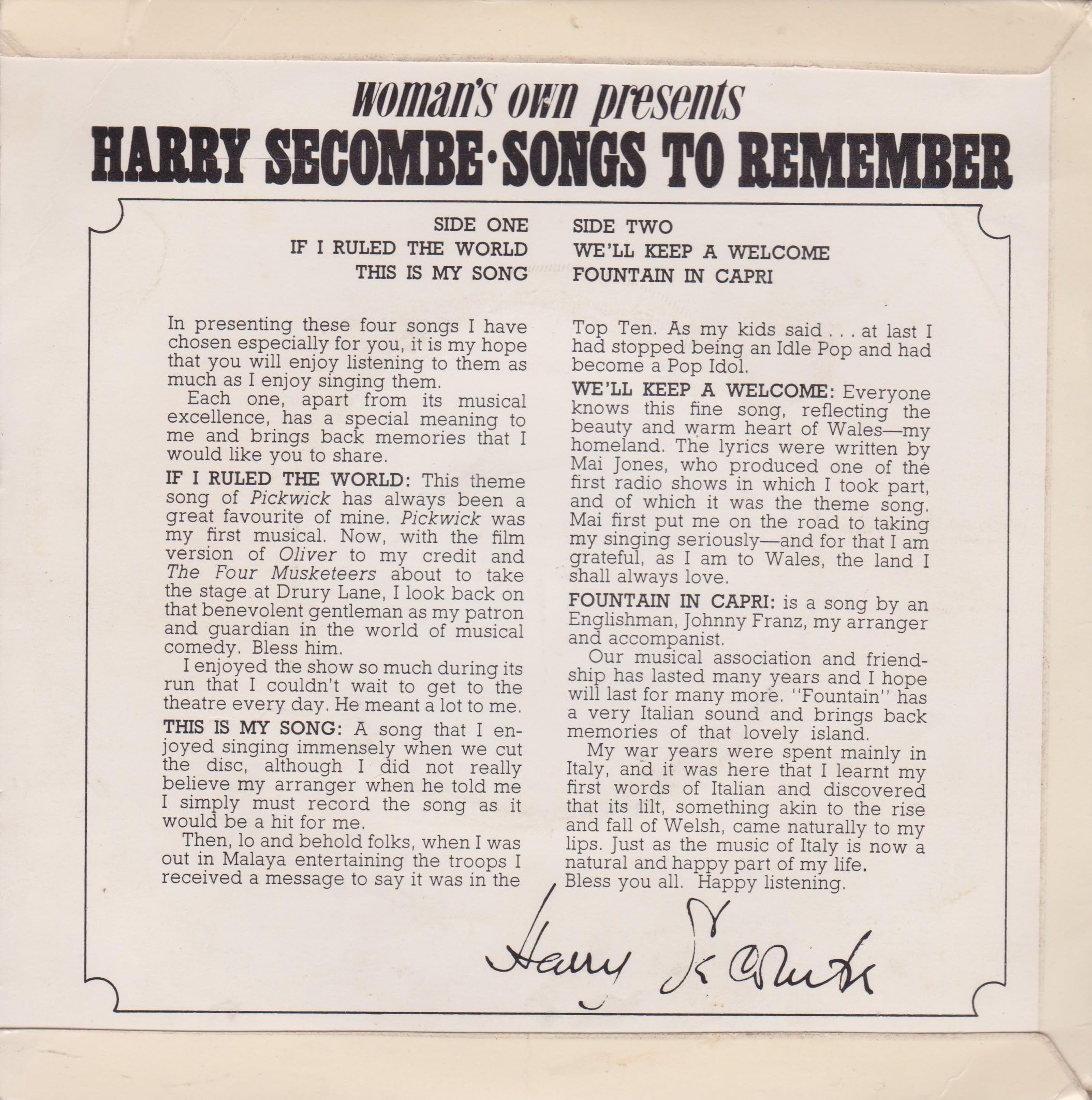 Harry Secombe - Songs to Remember (Woman's Own 1967) 7" vinyl EP VG/VG