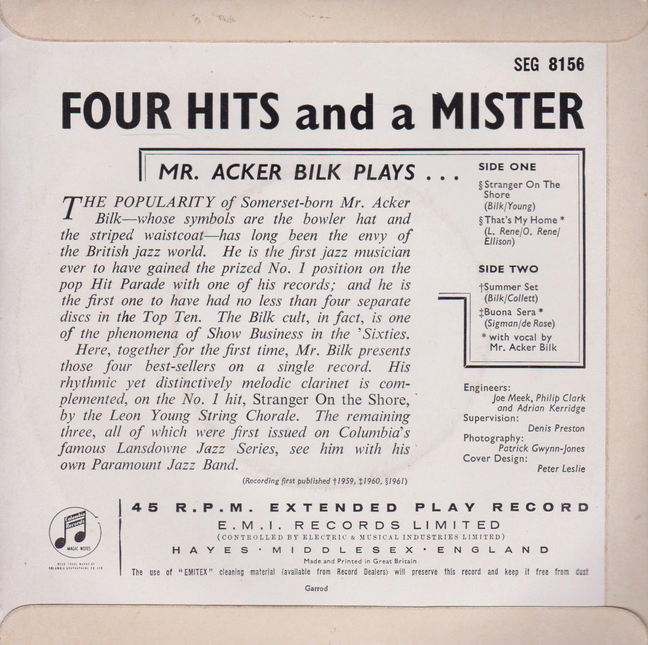 Acker Bilk - Four Hits and a Mister (Columbia 1962) 7" vinyl EP VG/VG