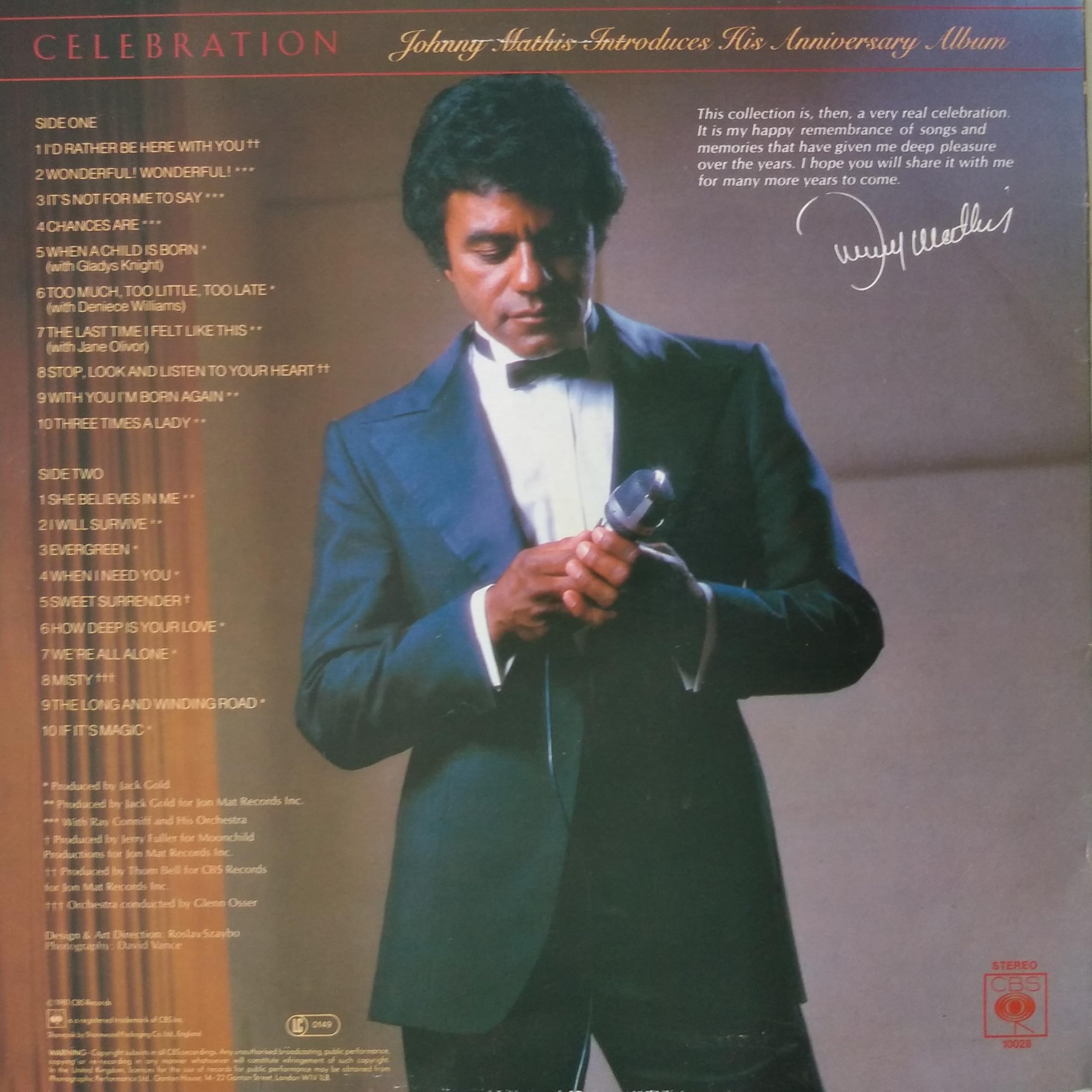 Johnny Mathis- Celebration (CBS 1981) 12" vinyl LP VG/VG