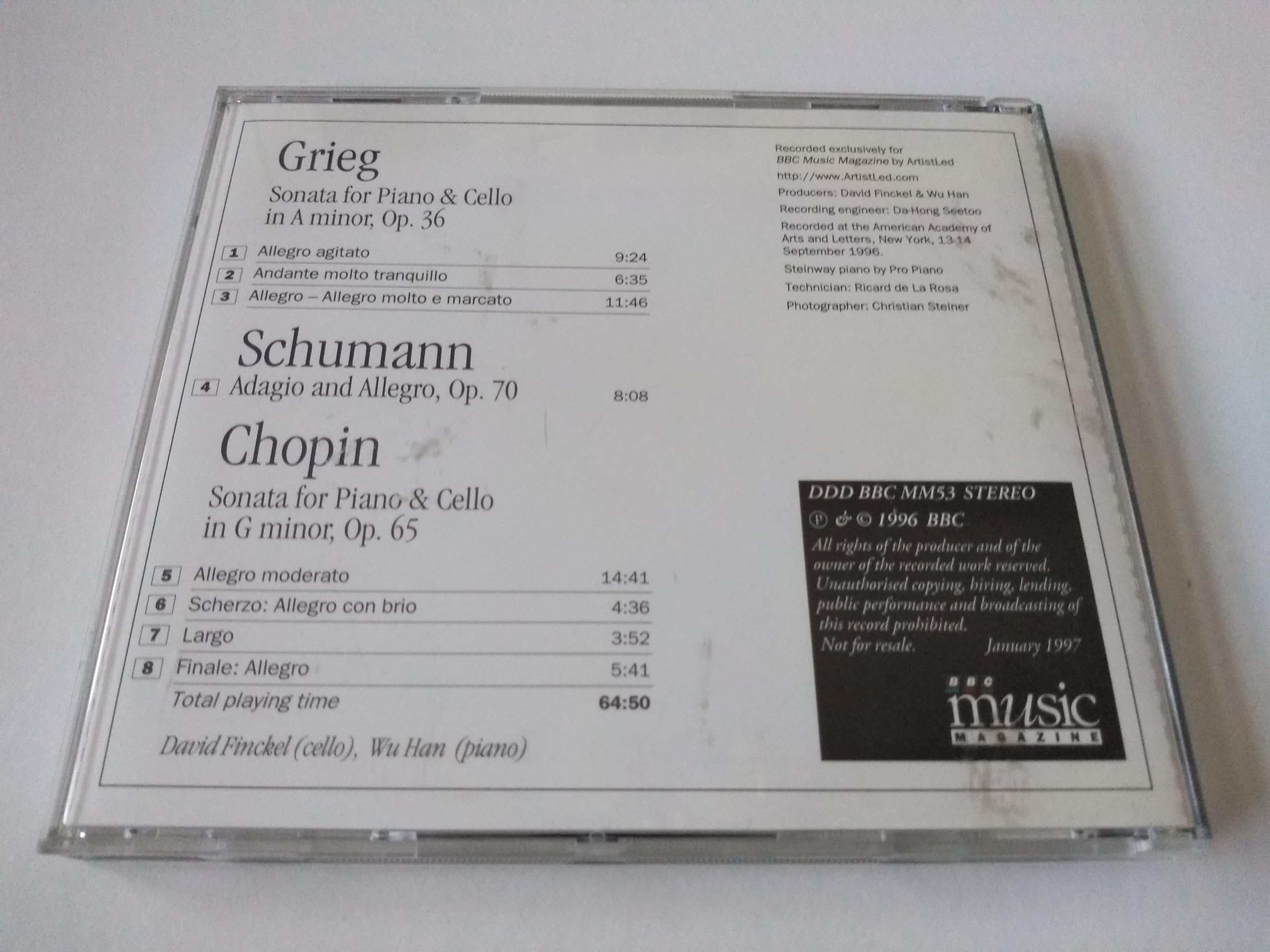 David Finckel, Wu Han ‒ Grieg / Schumann / Chopin ‎– Music For Cello And Piano (1996) CD album