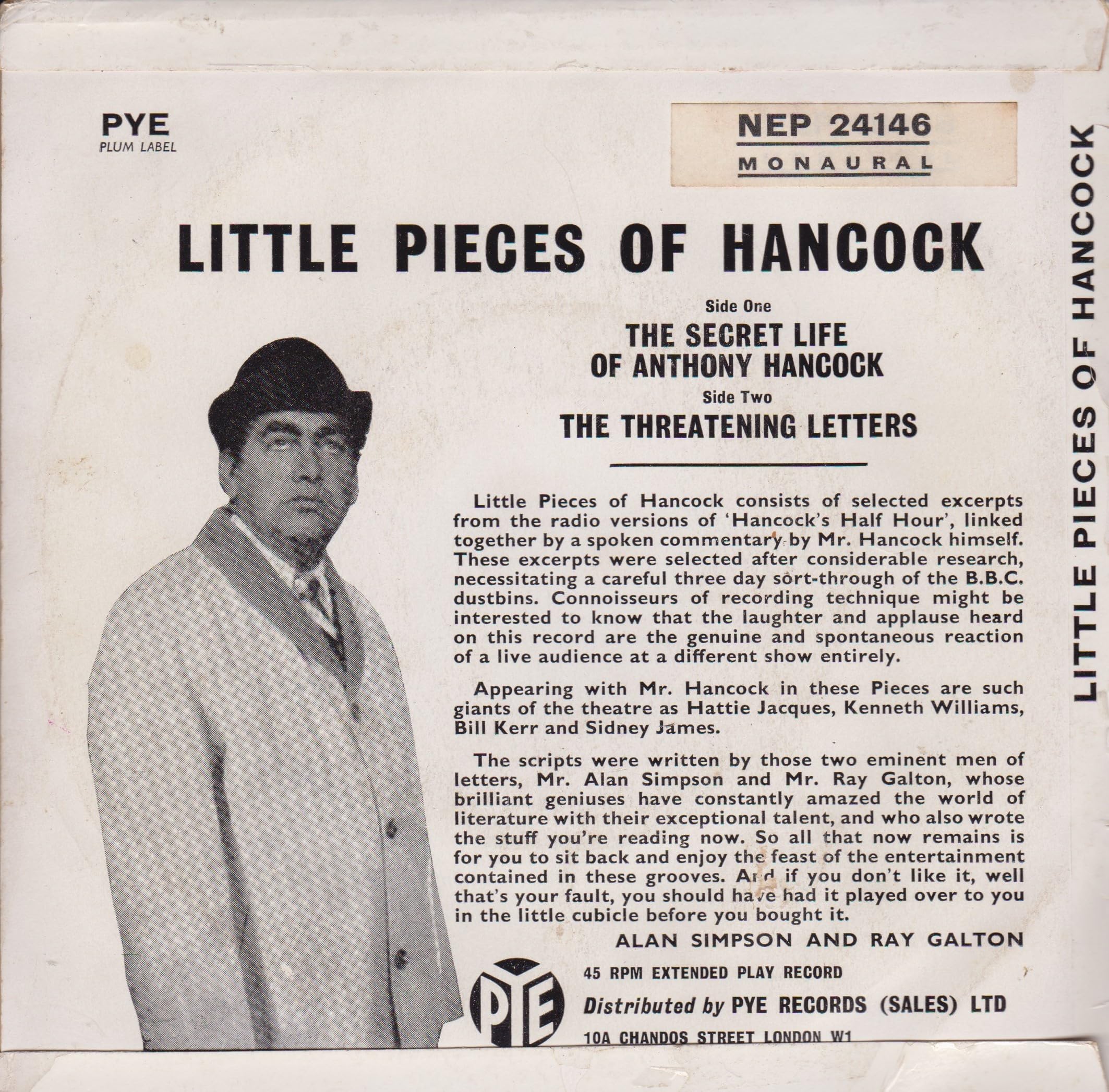 Tony Hancock - Little Pieces of Hancock (Pye 1960) 7" vinyl EP VG/G+