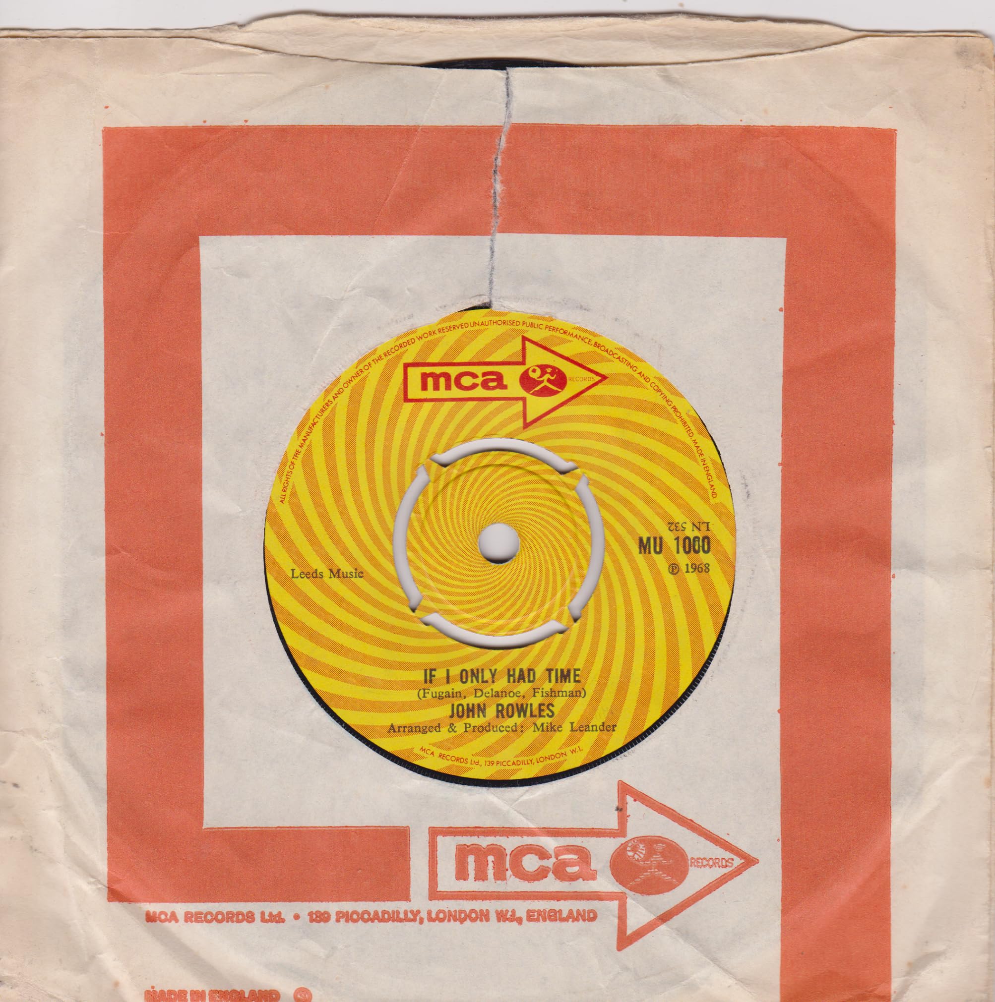 John Rowles – If I Only Had Time (MCA 1968) 7" vinyl single VG/G+