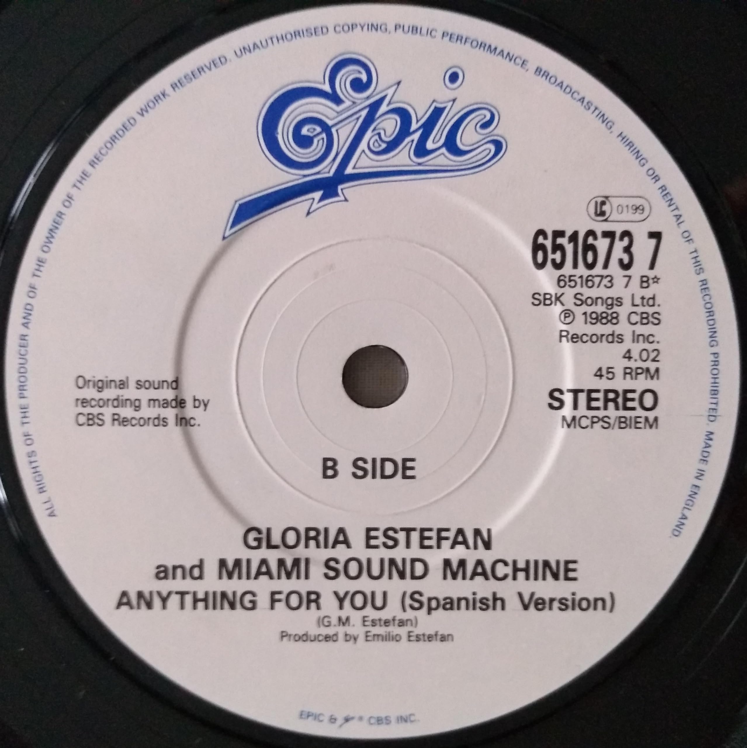 Gloria Estefan and Miami Sound Machine – Anything For You (Epic 1988) 7" vinyl single VG/-