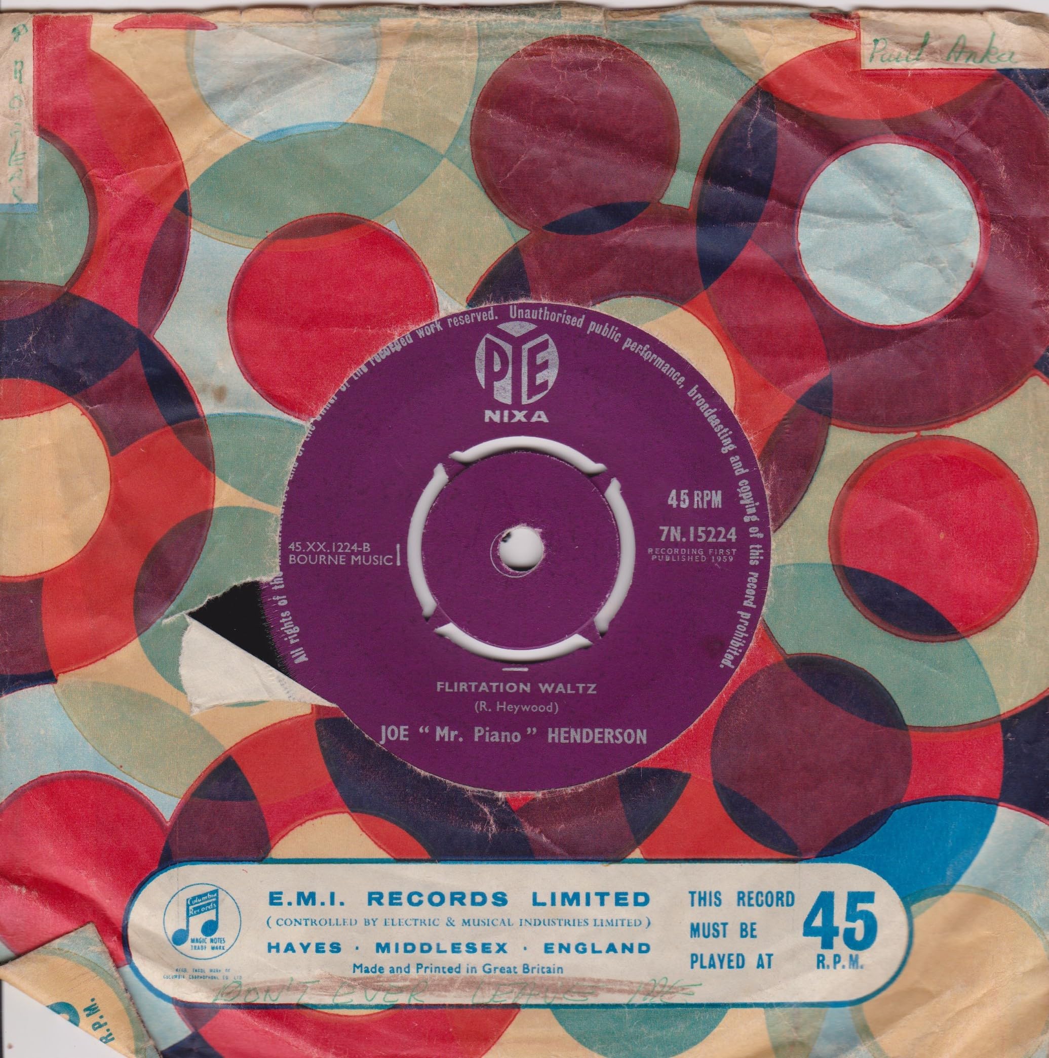 Joe 'Mr. Piano' Henderson - Treble Chance (Pye 1959) 7" vinyl single VG/-