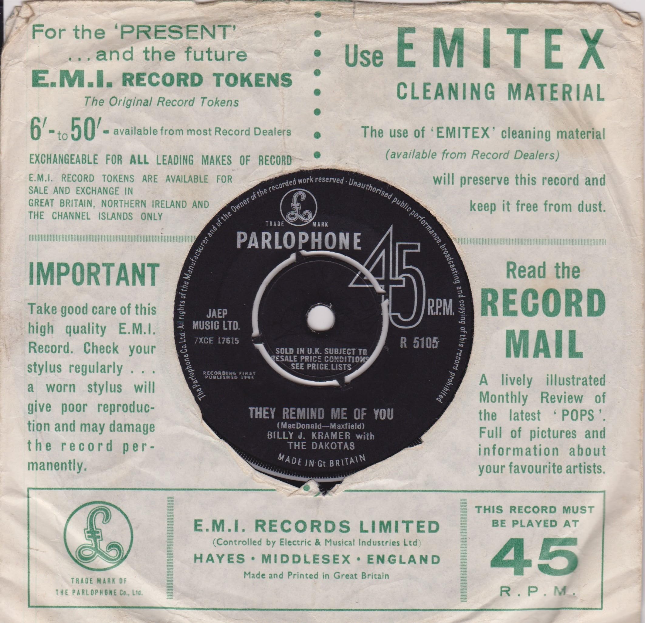 Billy J. Kramer with The Dakotas – Little Children (Parlophone 1965) 7" vinyl single VG/VG