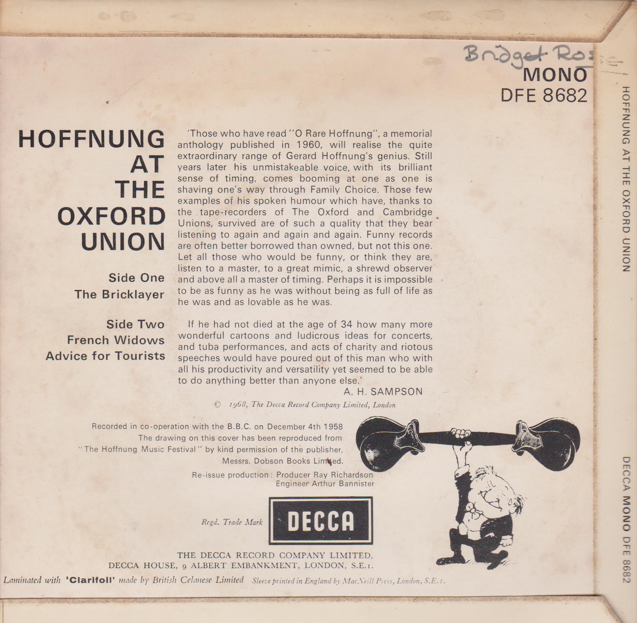 Gerard Hoffnung – Hoffnung At The Oxford Union (Decca 1968) 7" vinyl EP VG/VG