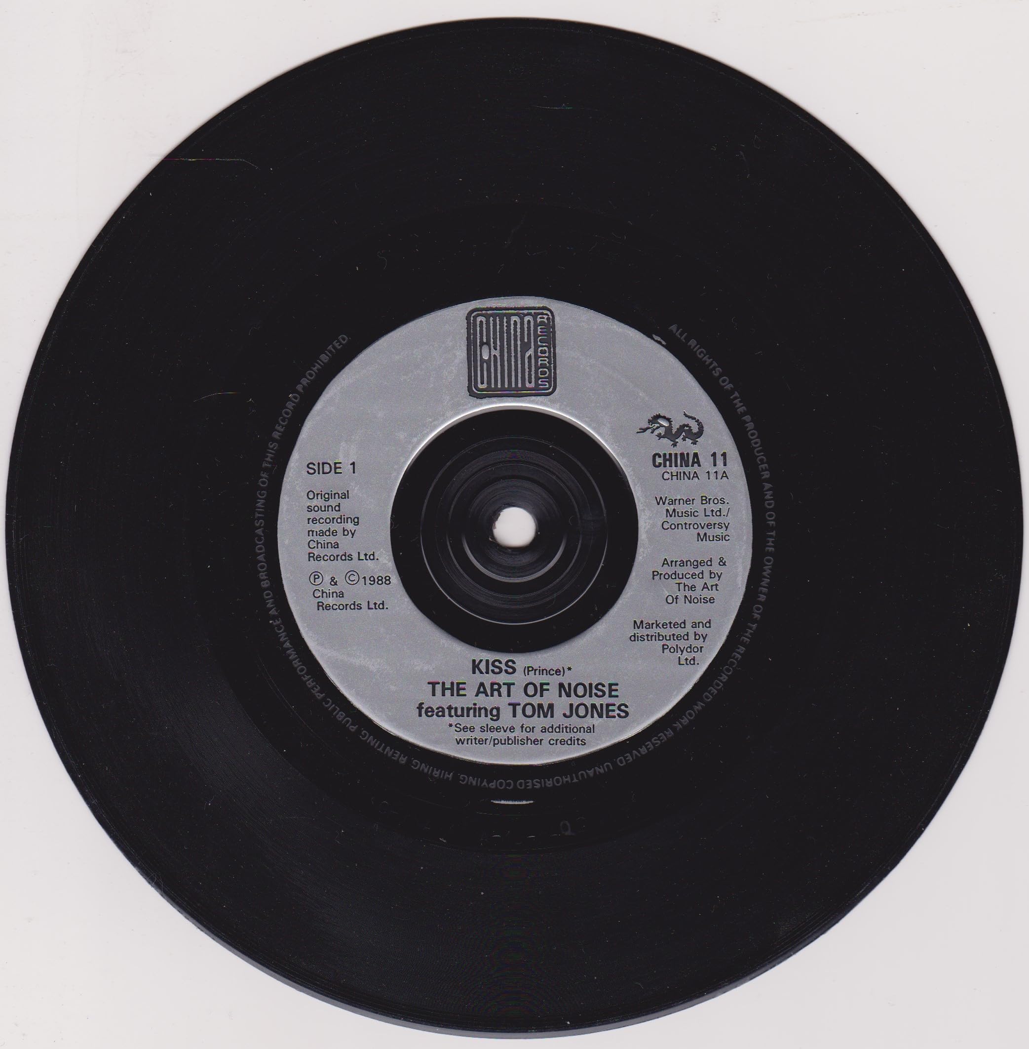 The Art of Noise featuring Tom Jones - Kiss (China 1988) 7" vinyl single VG/VG