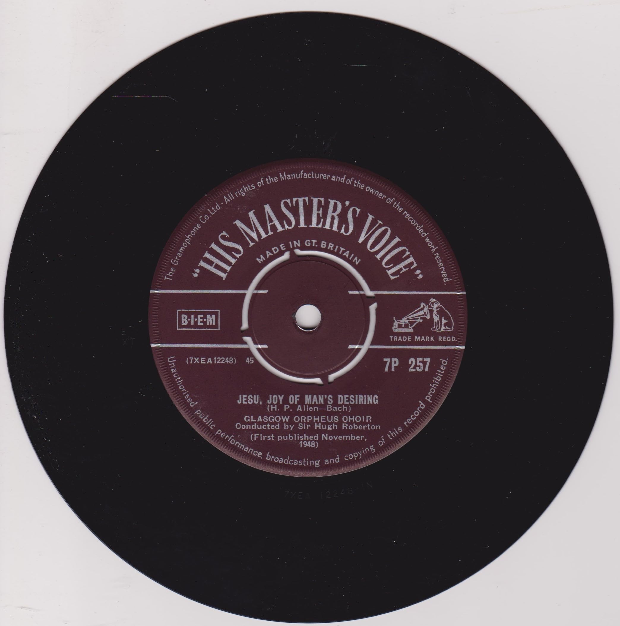 The Glasgow Orpheus Choir, Sir Hugh Roberton ‎– Jesu Joy Of Man's Desiring (HMV) 7" single VG/VG