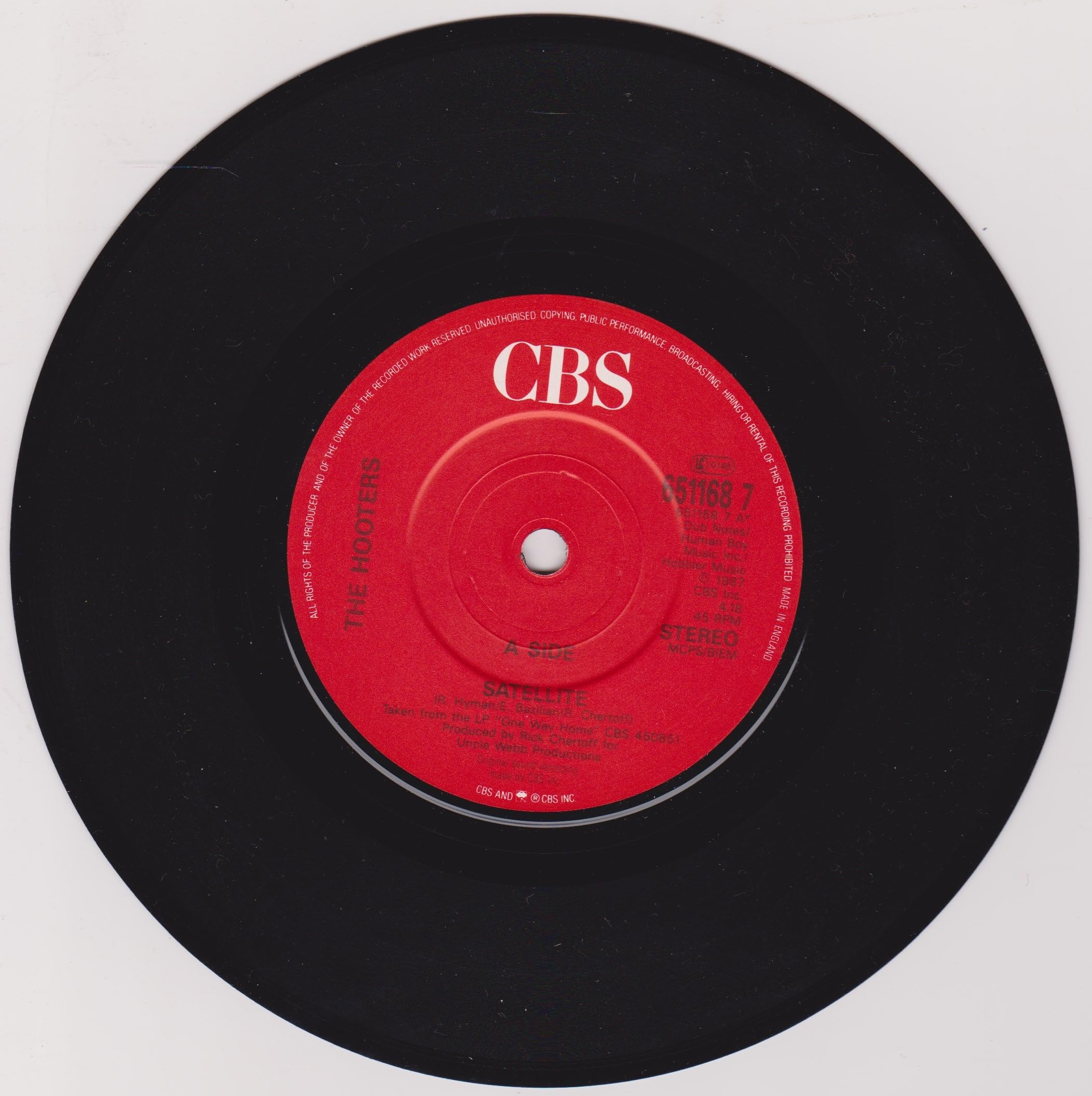 Hooters - Satellite (CBS 1987) 7" vinyl P/S single VG/VG