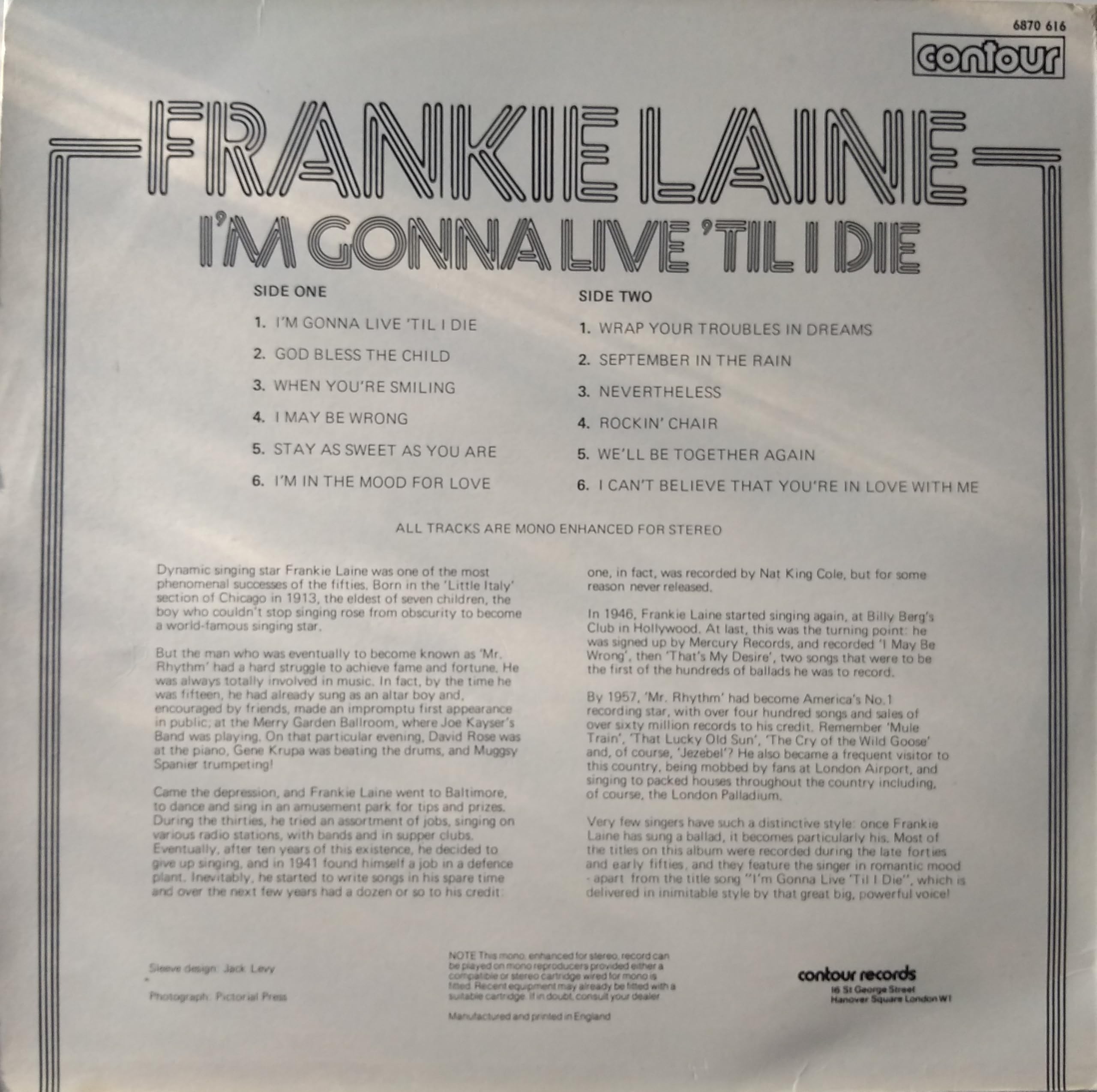 Frankie Laine – I’m Gonna Live 'Til I Die (Contour 1974) 12" vinyl LP VG/VG