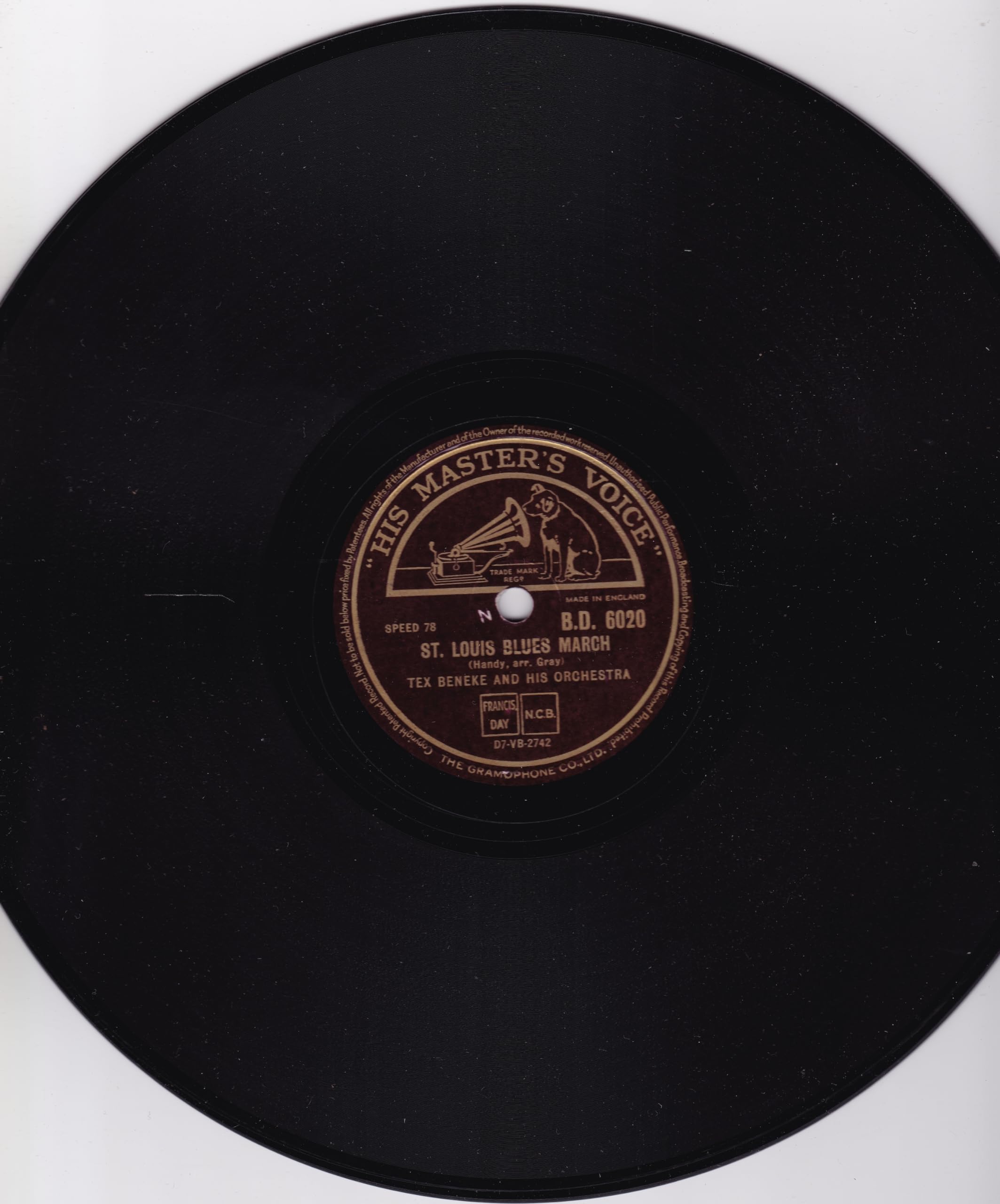 Tex Beneke And His Orchestra ‎– St. Louis Blues March (HMV 1948) 10" 78RPM shellac single VG/-