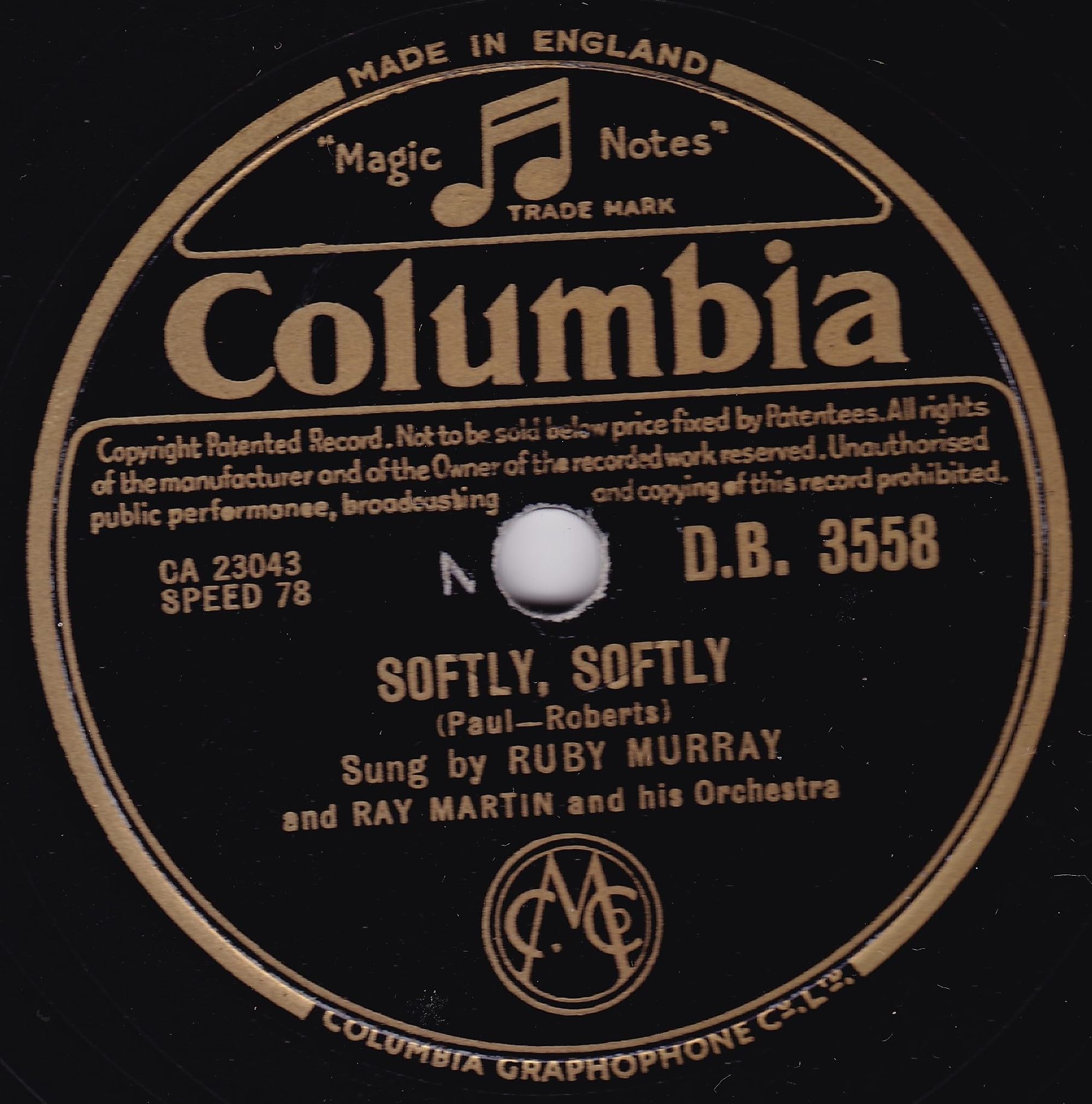 Ruby Murray And Ray Martin And His Orchestra – Softly, Softly (Columbia 1955) 10" 78RPM shellac single VG/-