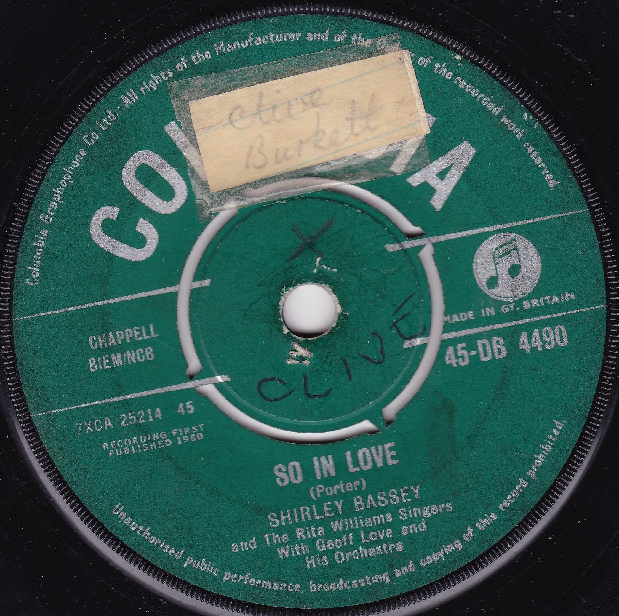 Shirley Bassey With The Rita Williams Singers And Geoff Love & His Orchestra ‎– As Long As He Needs Me (Columbia 1960) 7" vinyl single VG/-
