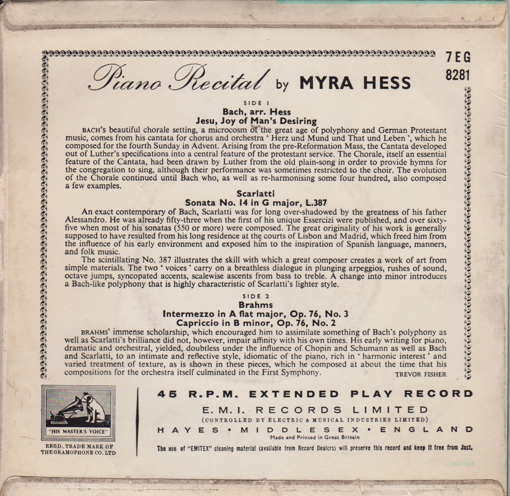 Myra Hess ‎– Piano Recital (HMV 1963) 7" vinyl EP VG/VG