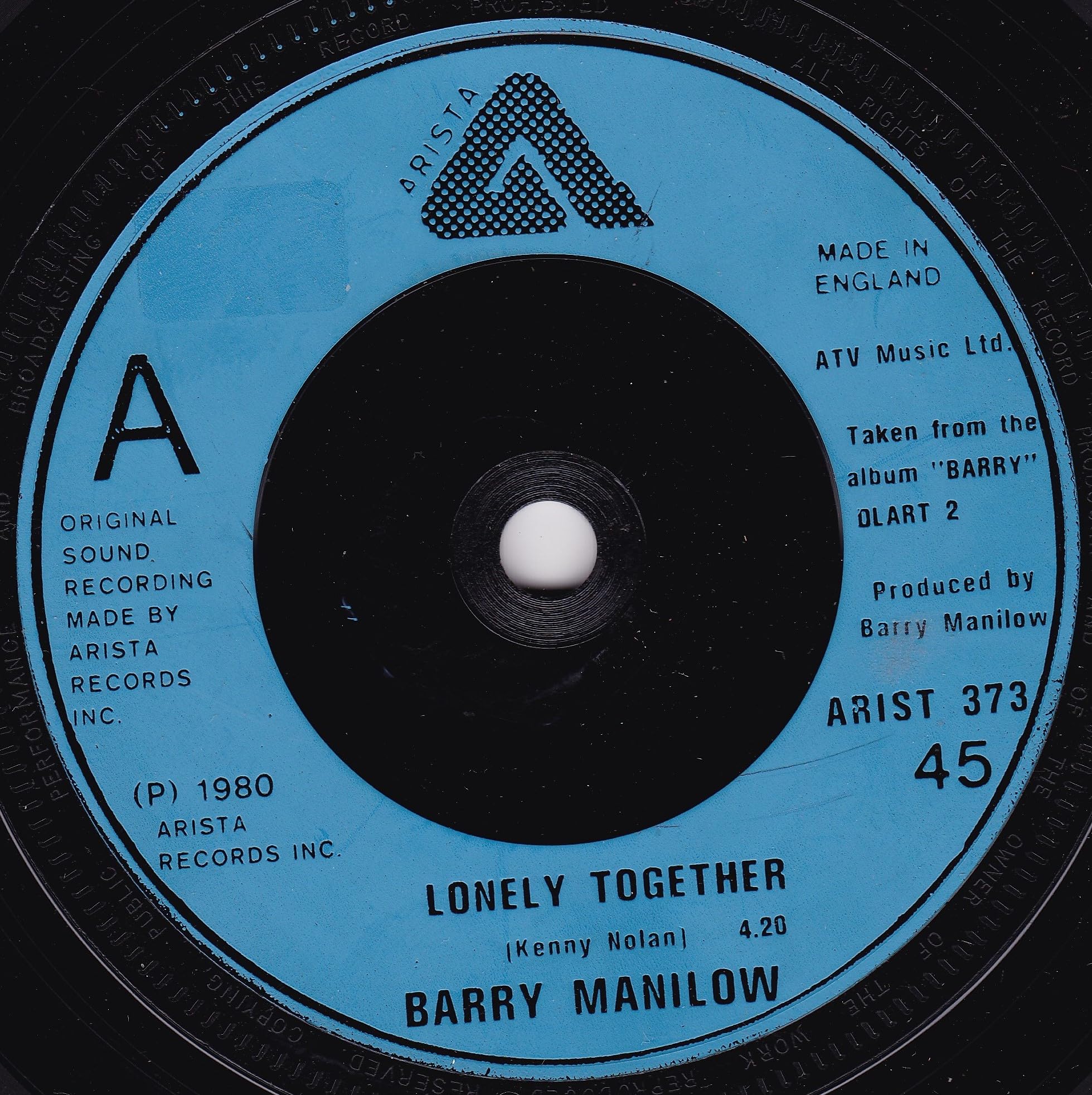 Barry Manilow - Lonely Together (Arista 1980) 7" vinyl single VG/-