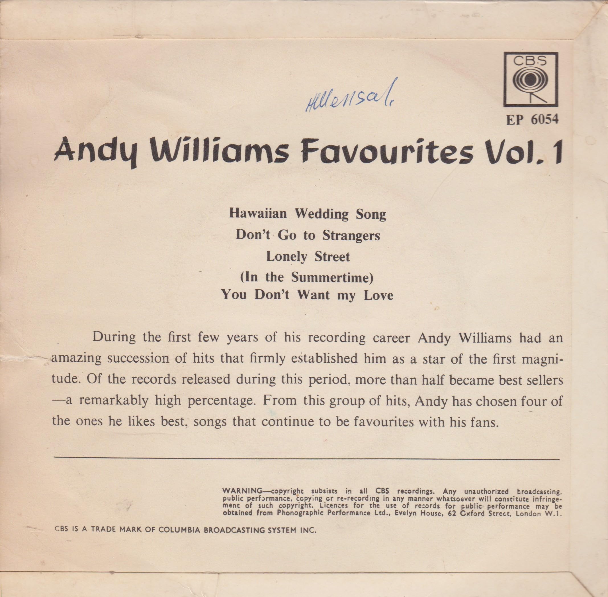 Andy Williams ‎– Andy Williams Favourites Volume 1 (CBS 1965) 7" vinyl EP VG/VG