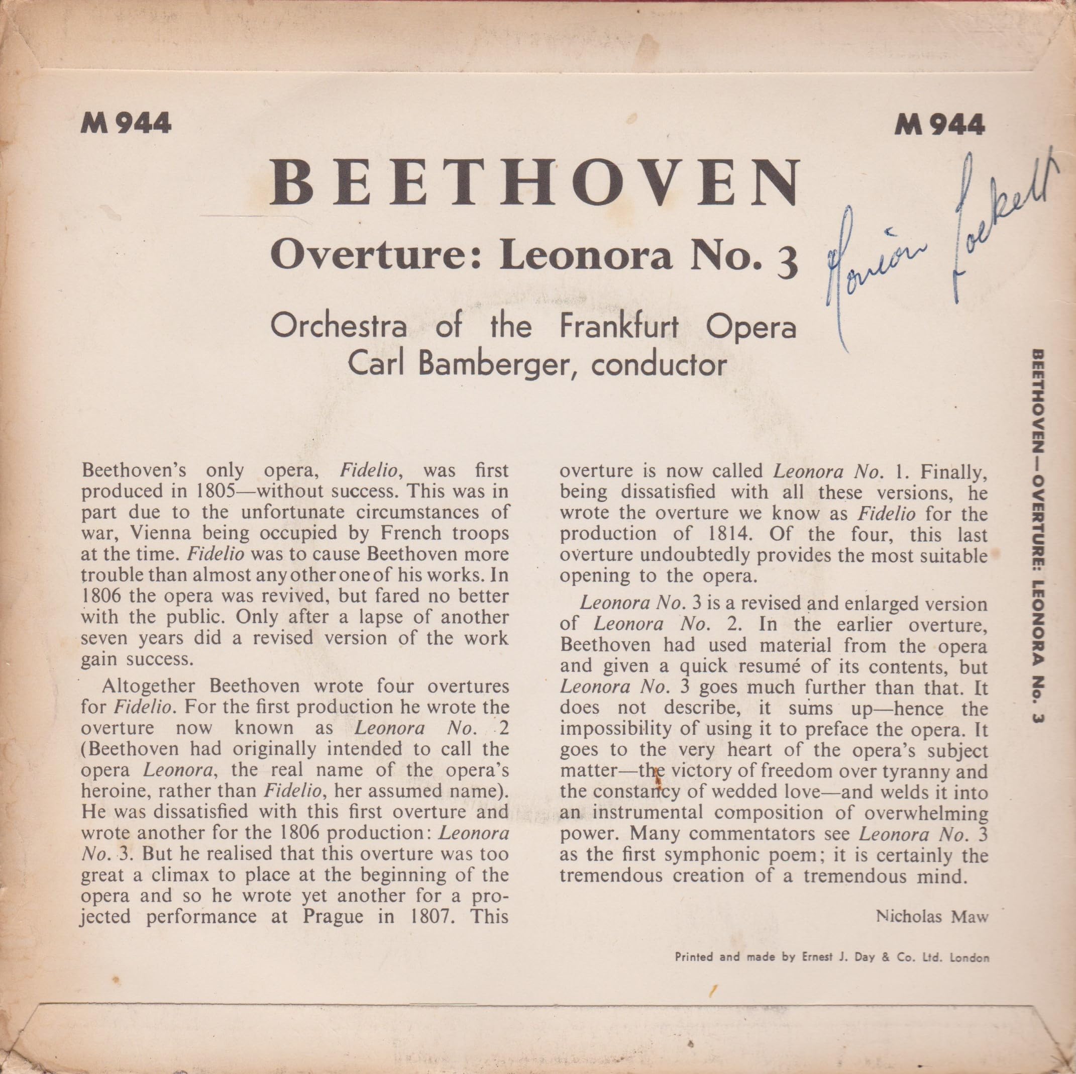Beethoven – Leonora Overture No. 3 (Concert Hall 1963) 7" vinyl EP VG/VG