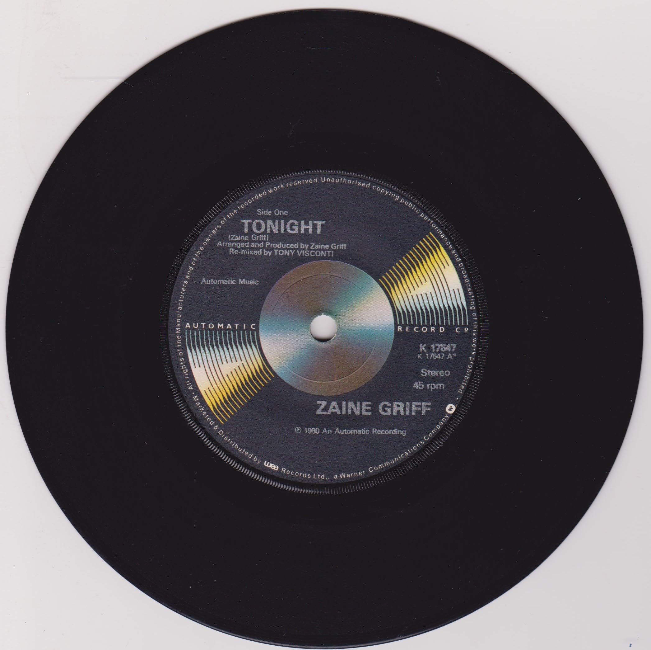 Zaine Griff - Tonight (Automatic 1980) 7" vinyl single VG/-