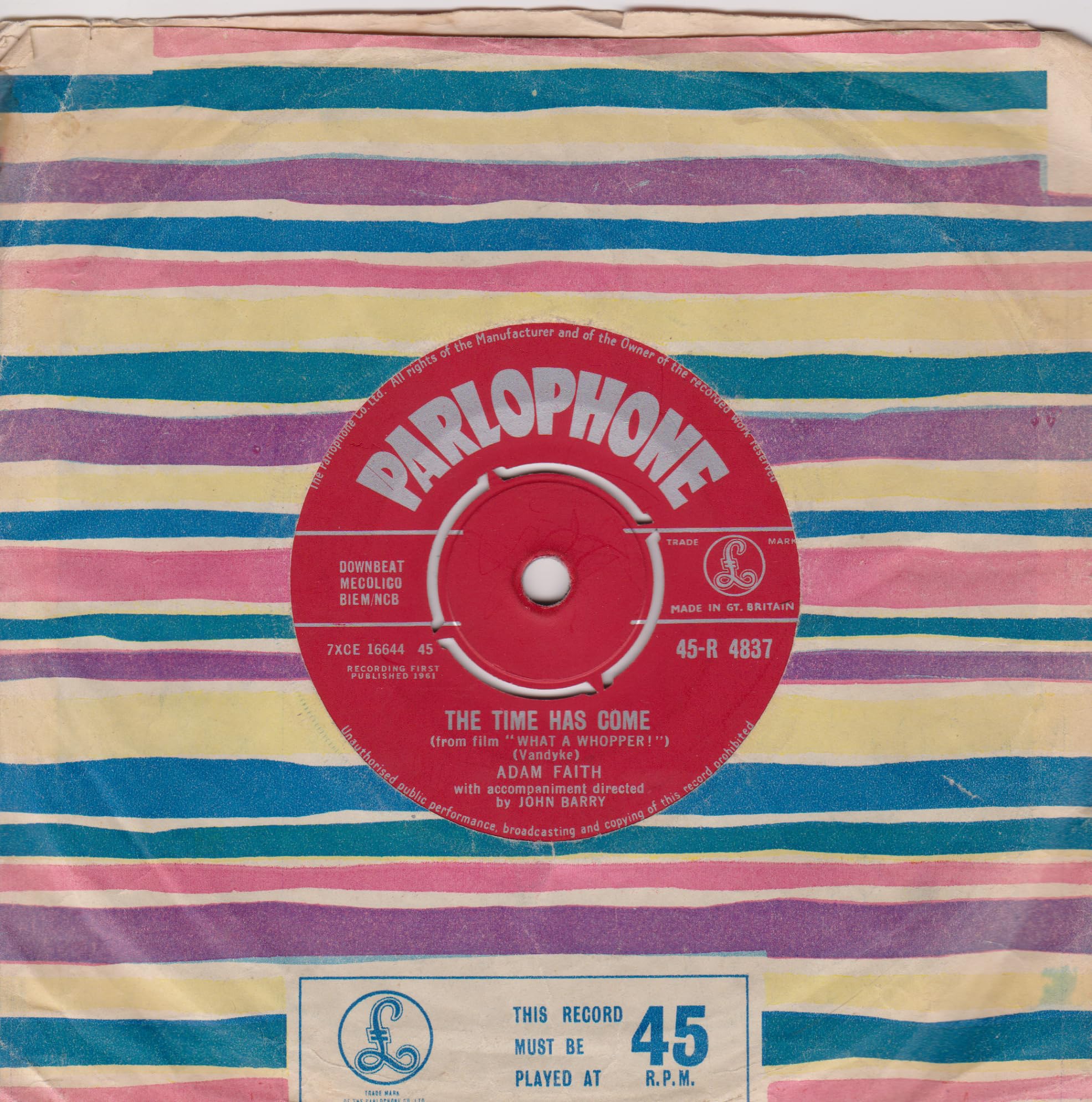 Adam Faith – The Time Has Come (Parlophone 1961) 7" vinyl single VG/VG
