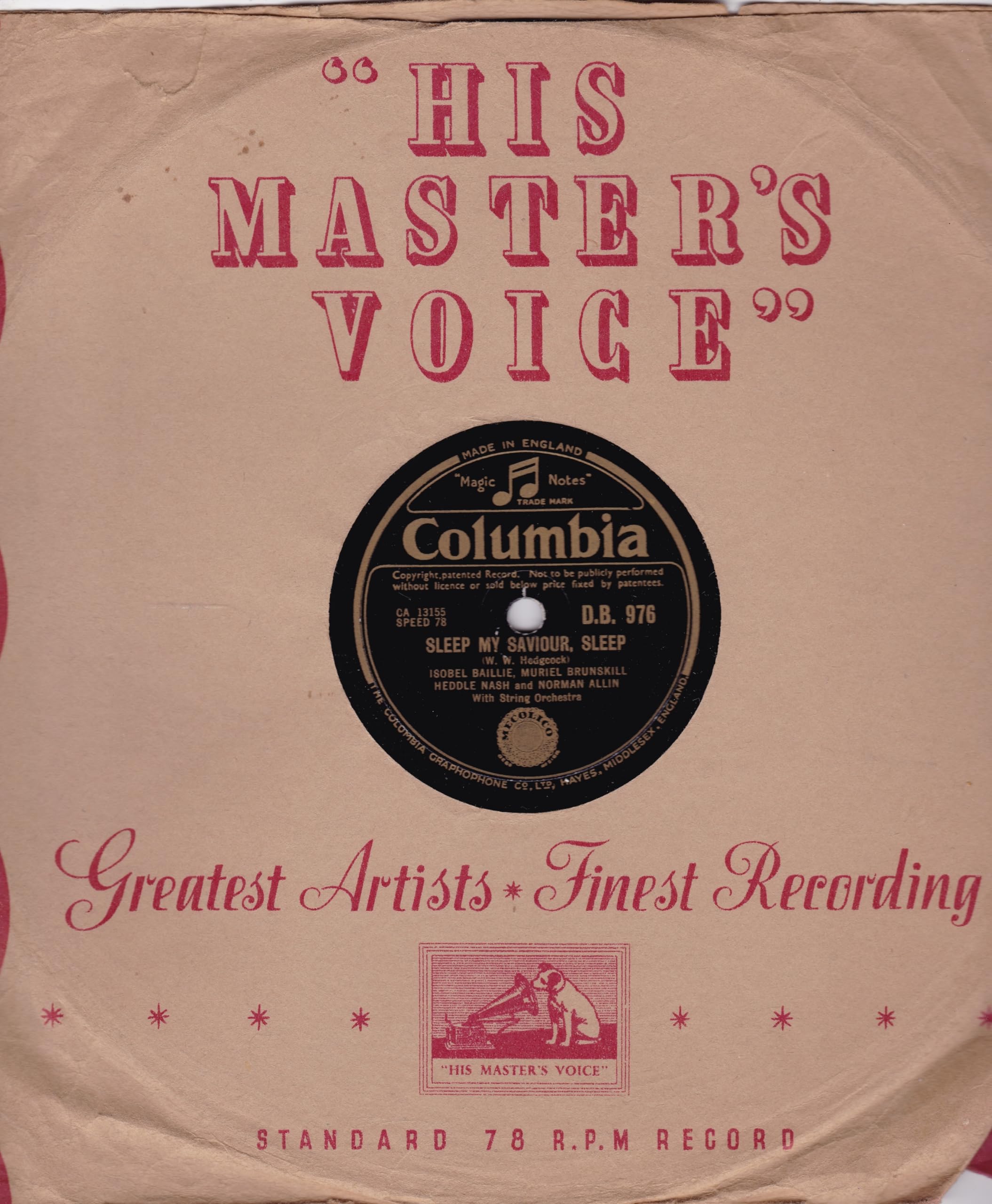 Isobel Baillie, Muriel Brunskill, Heddle Nash And Norman Allin ‎– Sleep My Saviour, Sleep (Columbia) 10" 78RPM shellac single VG/-