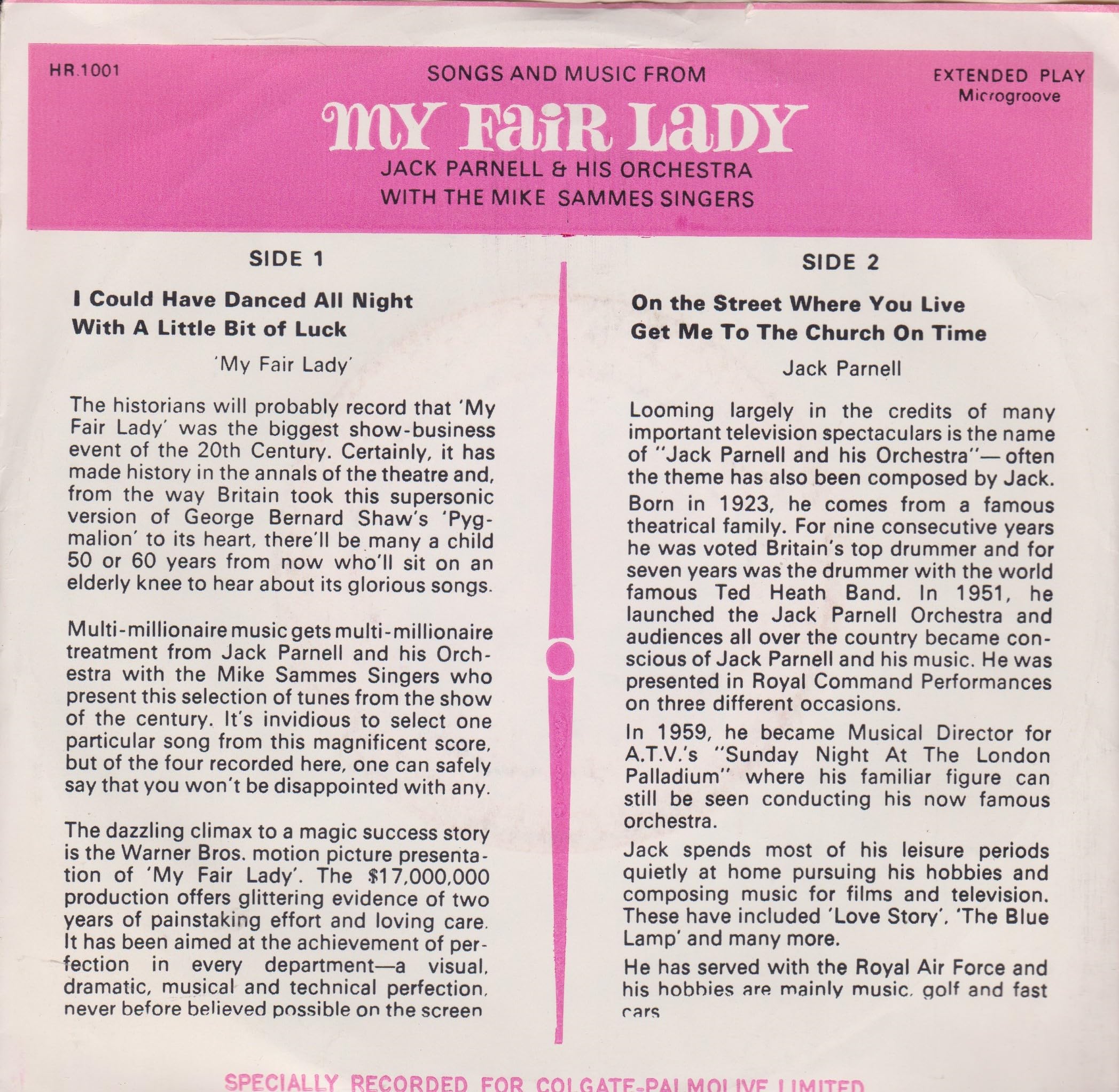 Jack Parnell & His Orchestra With The Mike Sammes Singers ‎– Songs And Music From My Fair Lady (Hanover 1966) 7" vinyl EP VG/VG