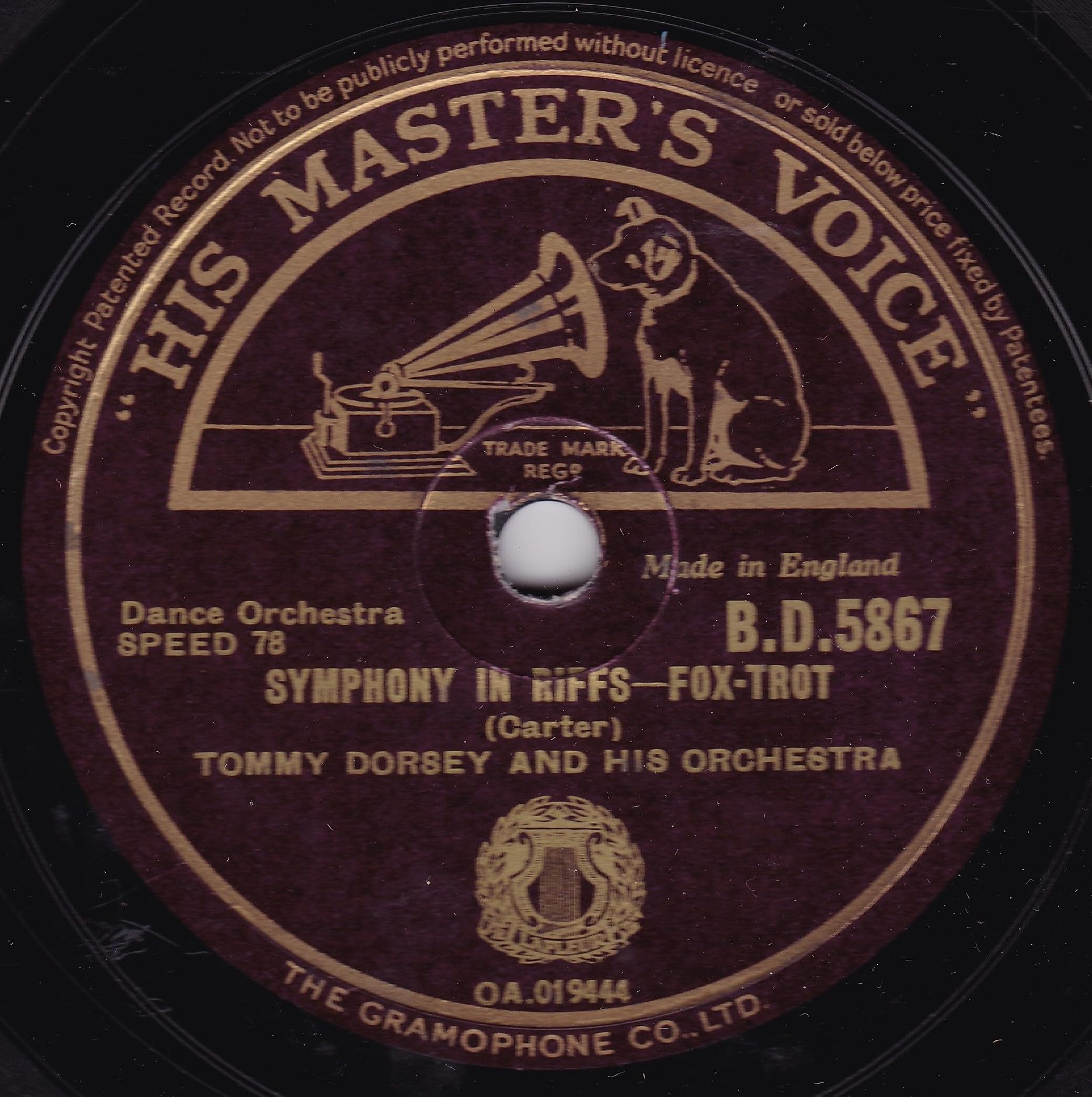 Tommy Dorsey and His Orchestra - Symphony in Riffs (Fox-Trot) (HMV 1944) 10" 78 RPM shellac single VG/-