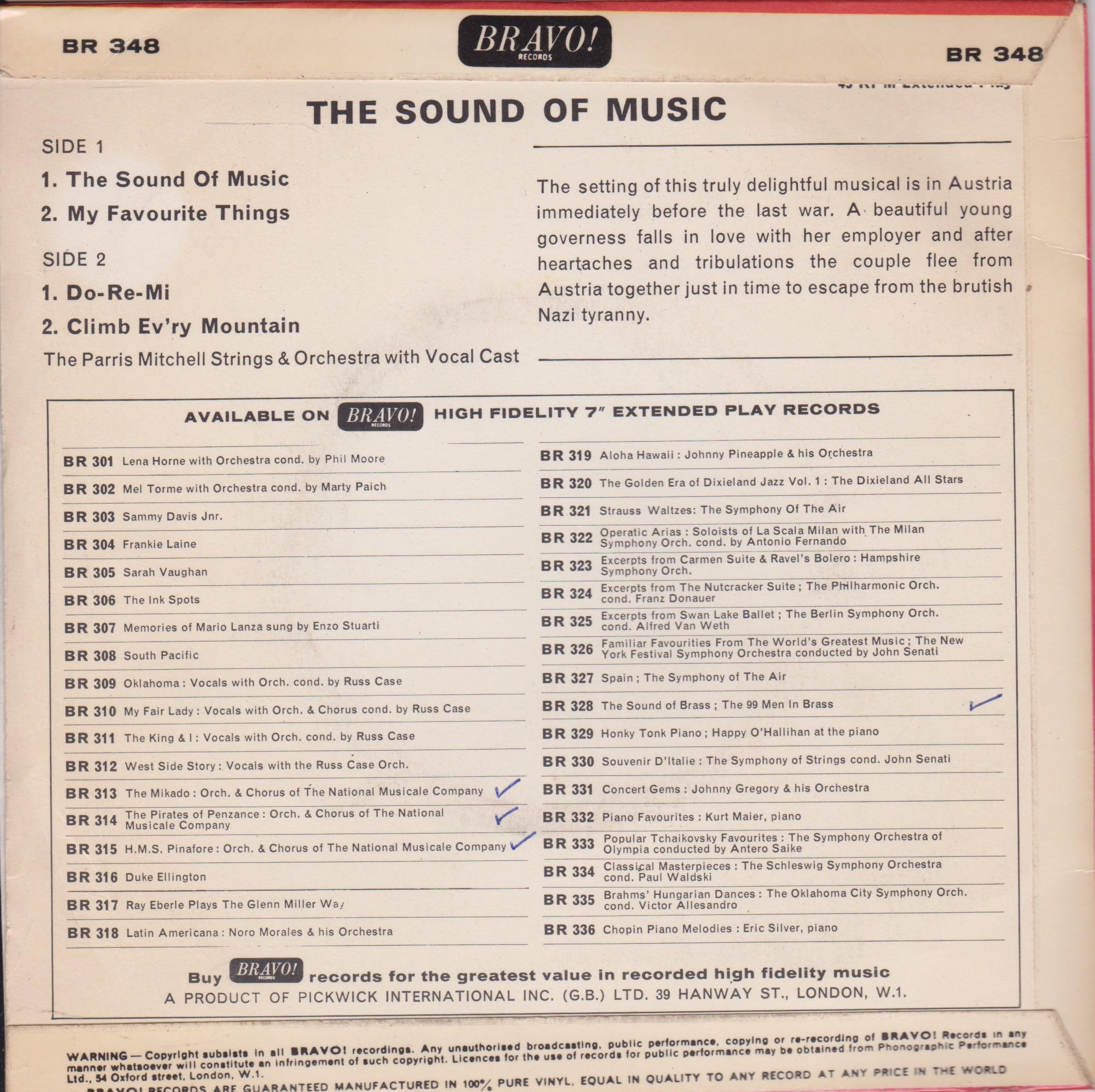 The Parris Mitchell Strings & Orchestra With Vocal Cast ‎– The Sound Of Music (Bravo 1965) 7" vinyl EP VG/VG