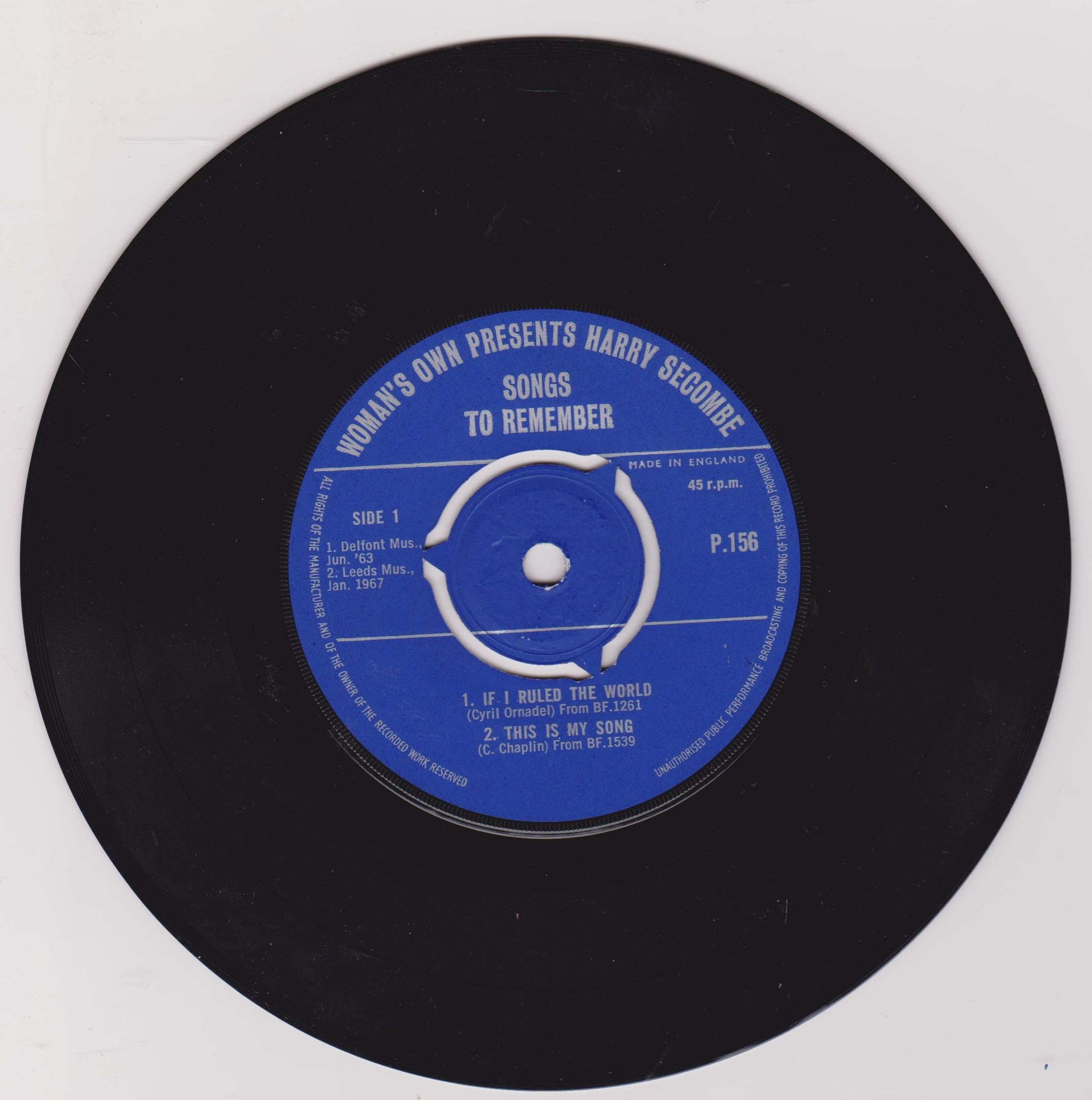 Harry Secombe - Songs to Remember (Woman's Own 1967) 7" vinyl EP VG/VG