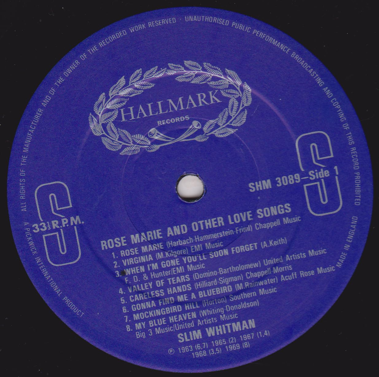 Slim Whitman – Rose Marie And Other Love Songs (Pickwick 1982) 12" vinyl LP VG/VG