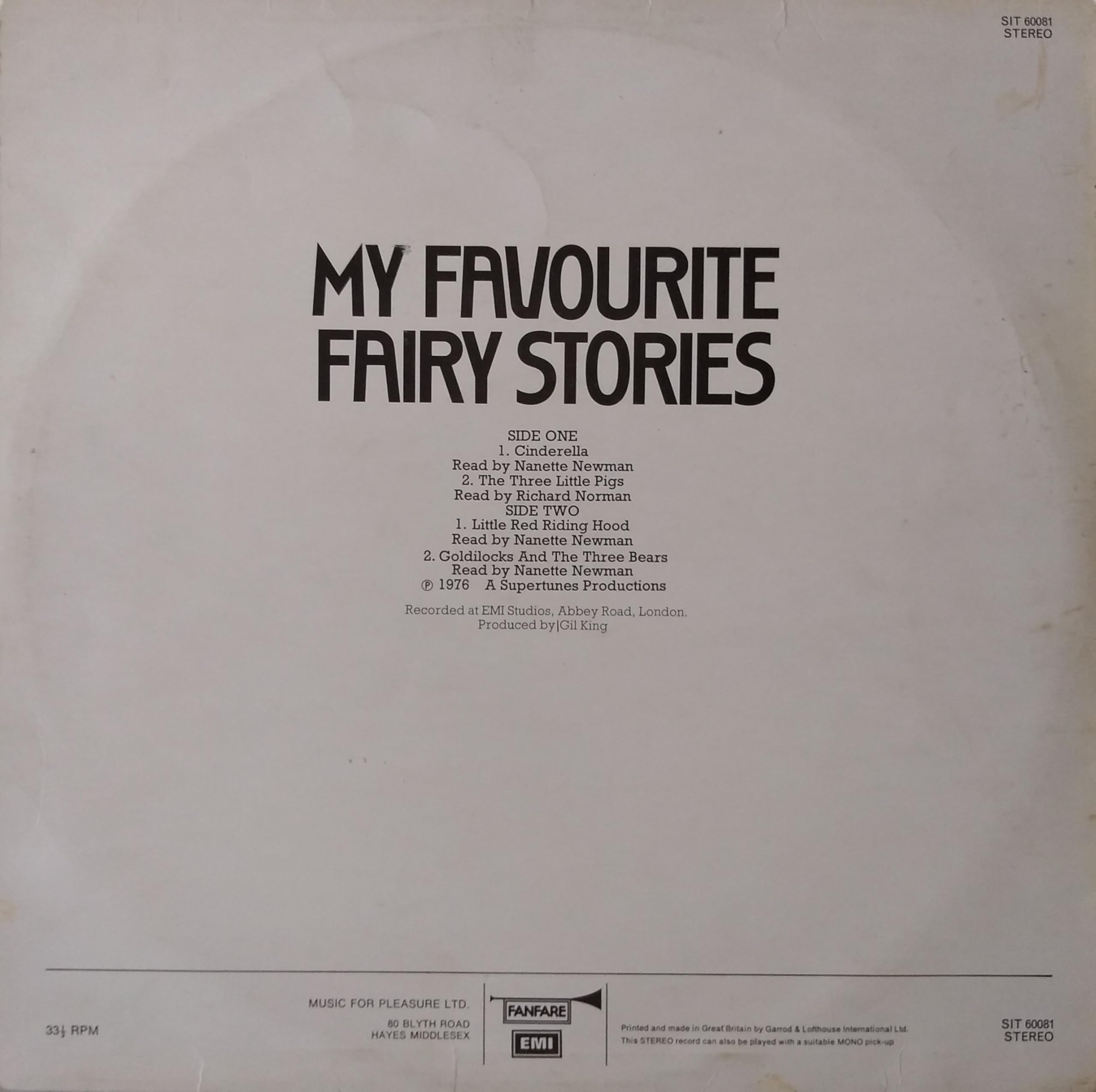 Nanette Newman And Richard Norman ‎– My Favourite Fairy Stories (Fanfare 1976) 12" vinyl LP VG/VG