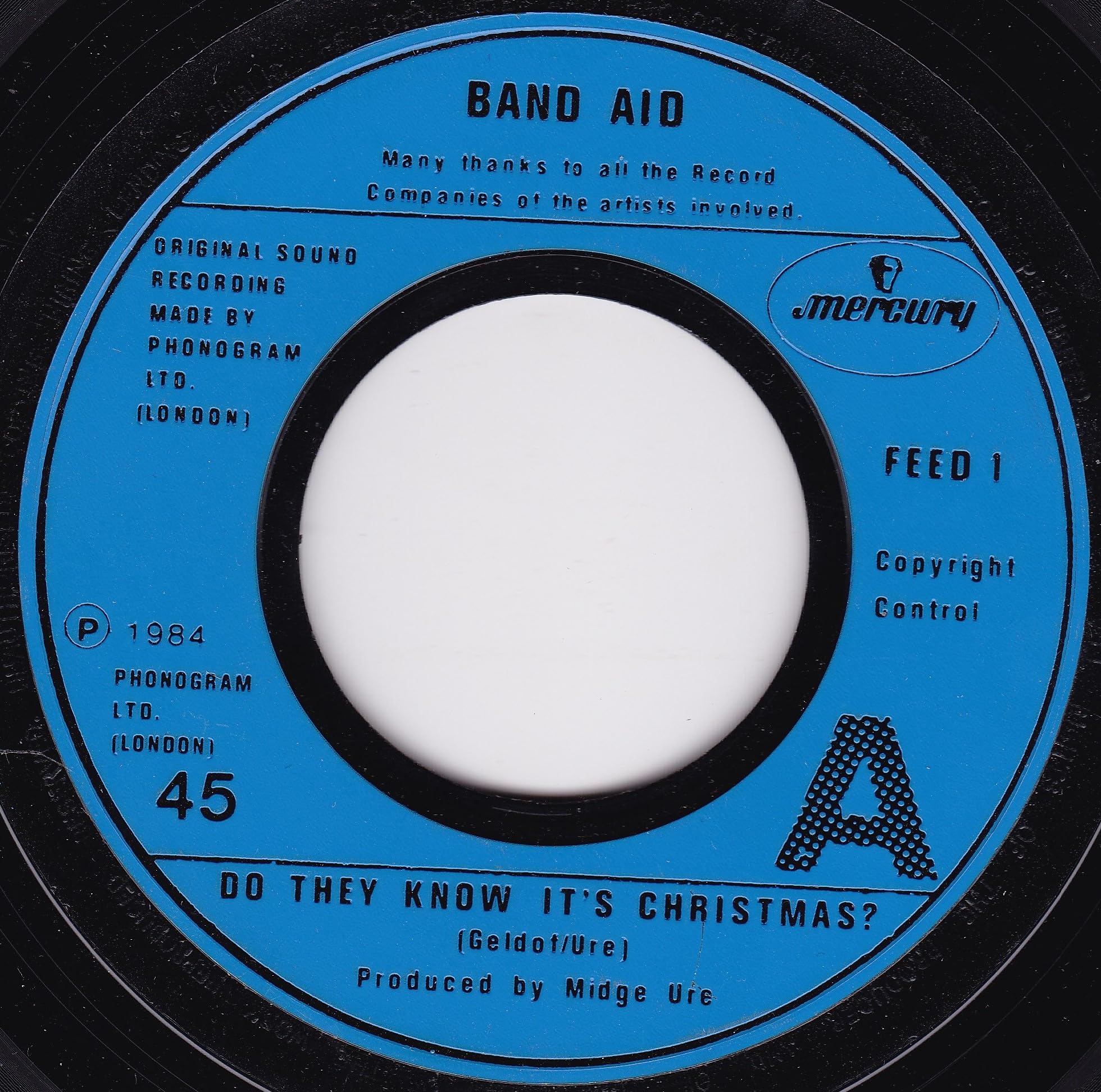 Band Aid – Do They Know It's Christmas? (Mercury 1984) 7" vinyl single VG/- jukebox centre