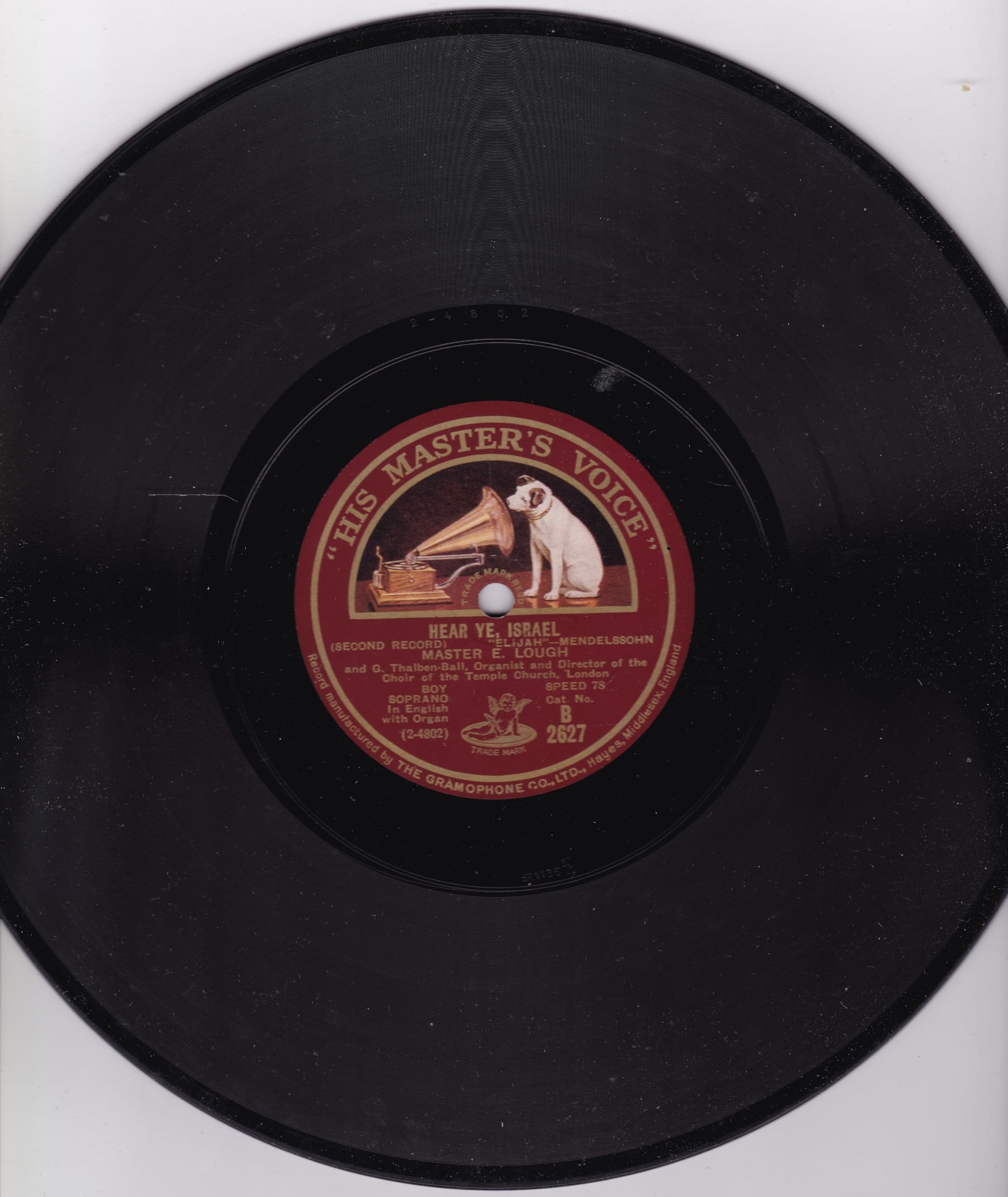 Master E. Lough And G. Thalben-Ball ‎– Hear Ye, Israel (HMV 1928) 10" 78RPM shellac single VG/G+