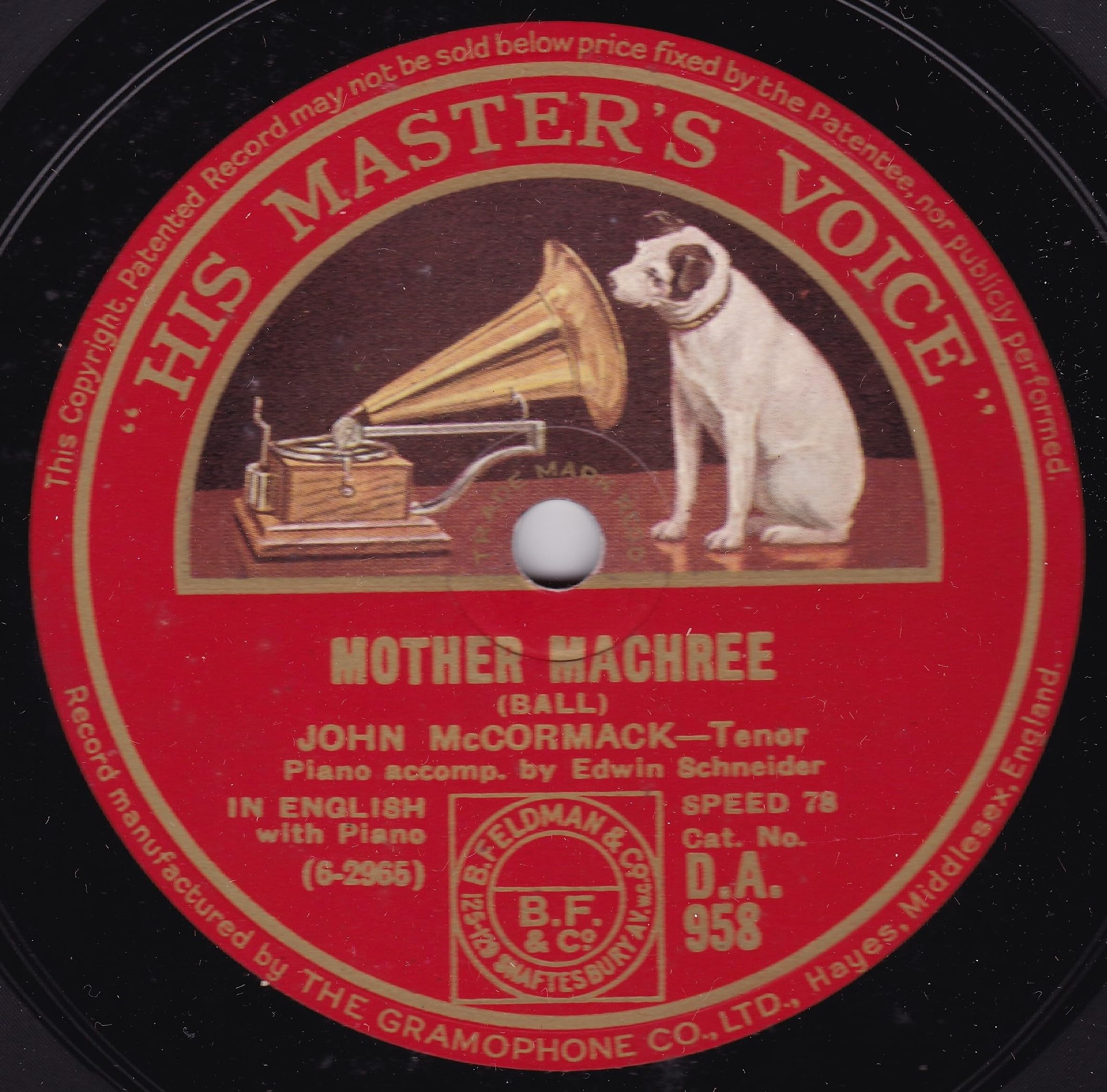 John McCormack – Mother Machree (HMV) 10" 78RPM shellac single VG/-