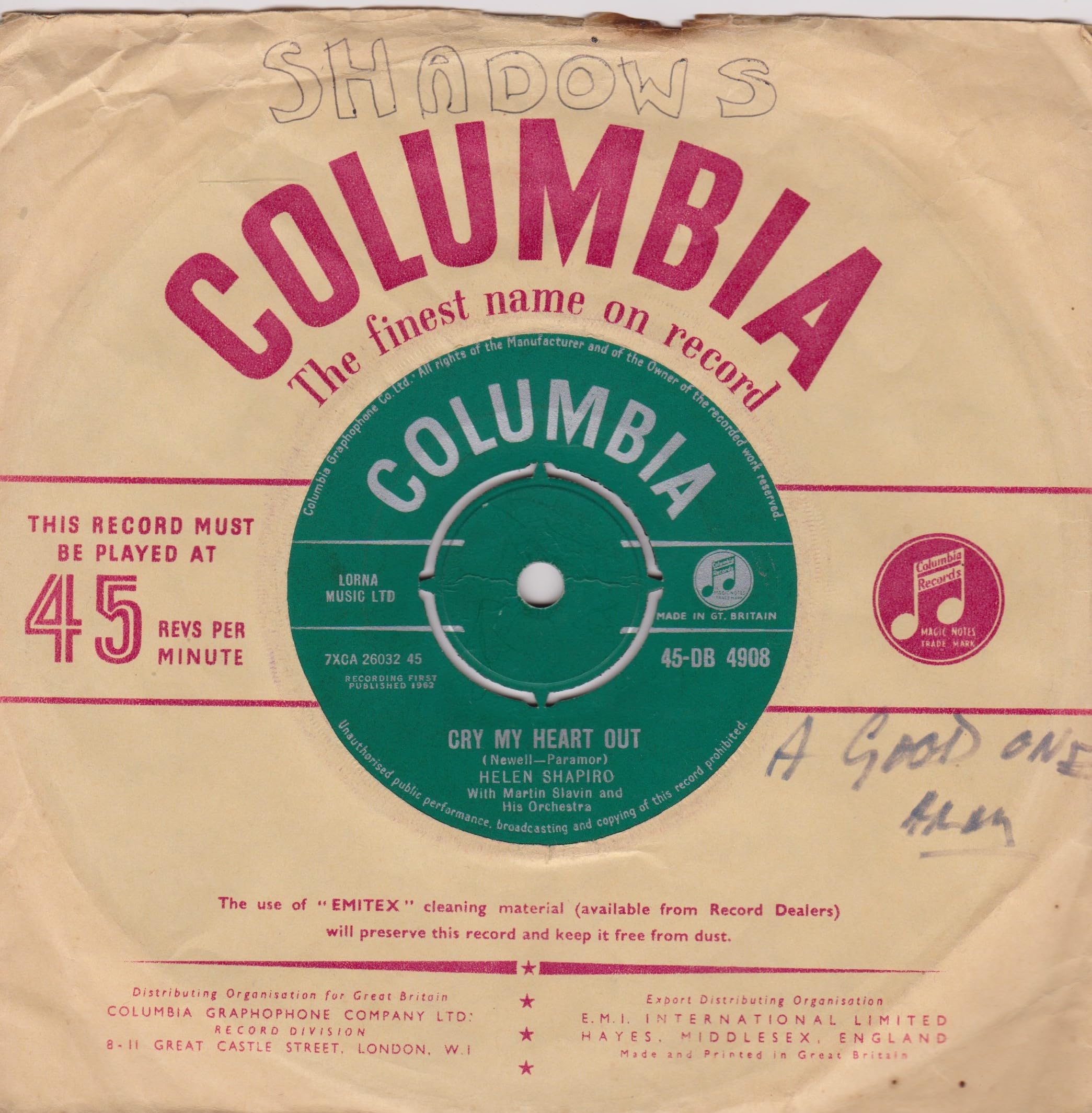 Helen Shapiro - Keep Away From Other Girls (Columbia 1962) 7" vinyl single VG/-