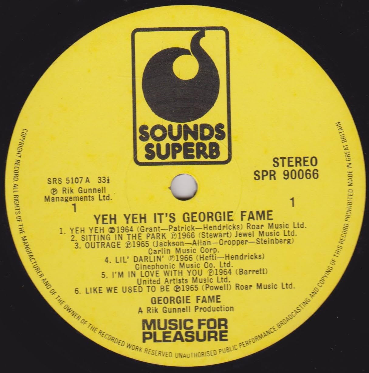 Georgie Fame ‎– Yeh, Yeh It's Georgie Fame (Sounds Superb) 12" vinyl LP VG/VG