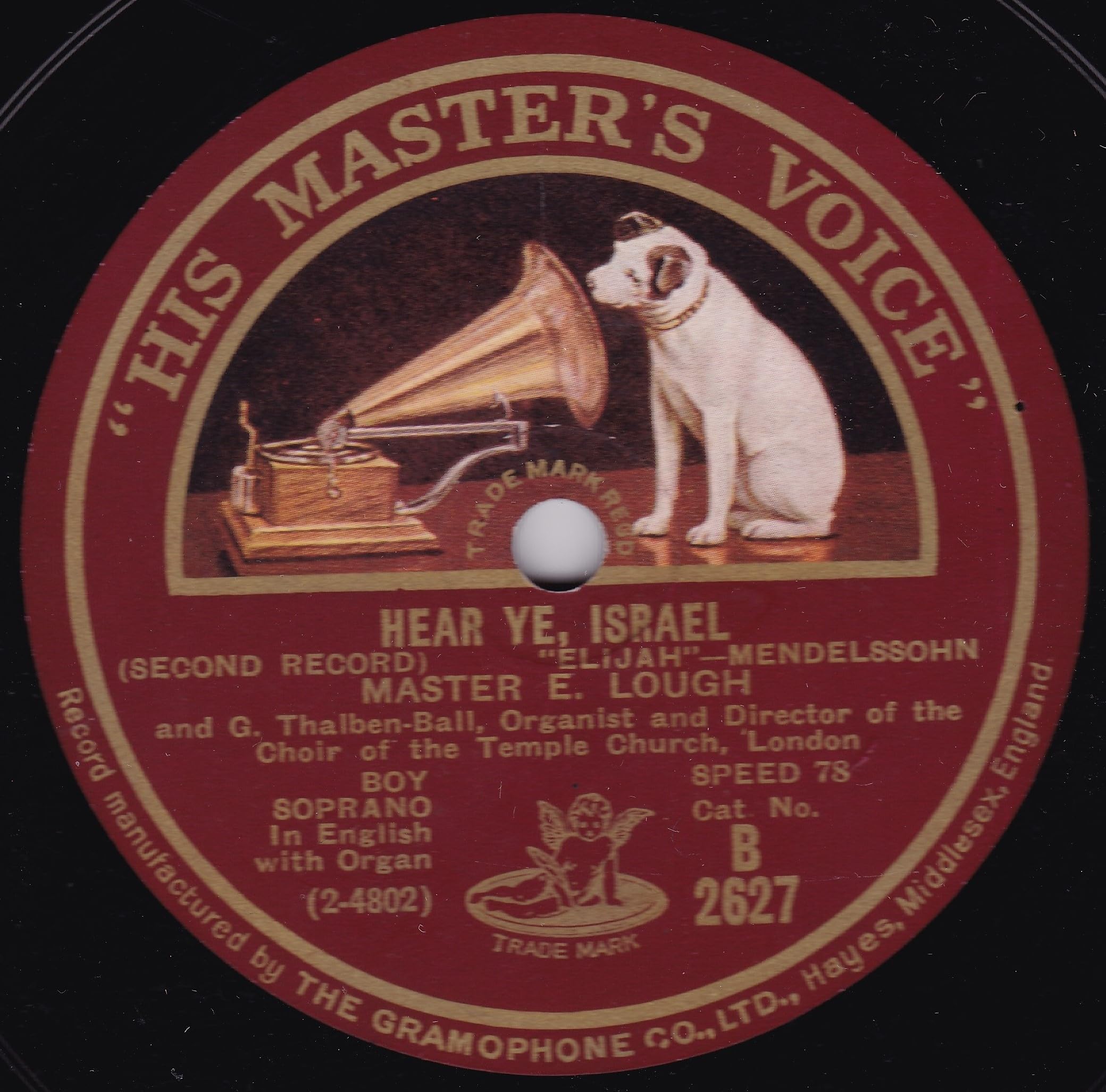 Master E. Lough And G. Thalben-Ball ‎– Hear Ye, Israel (HMV 1928) 10" 78RPM shellac single VG/G+