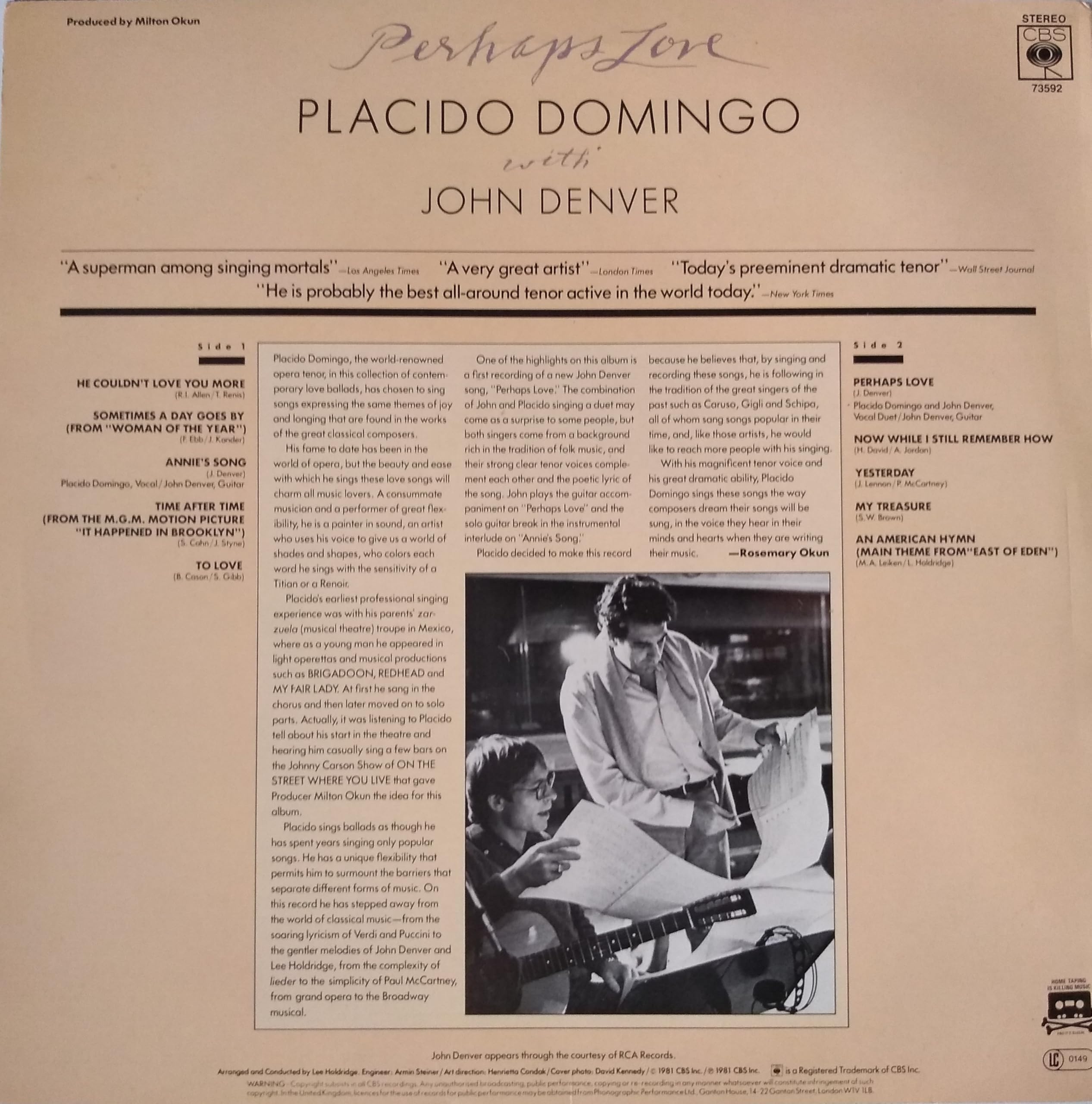 Placido Domingo With John Denver ‎– Perhaps Love (CBS 1981) 12" vinyl LP VG/VG