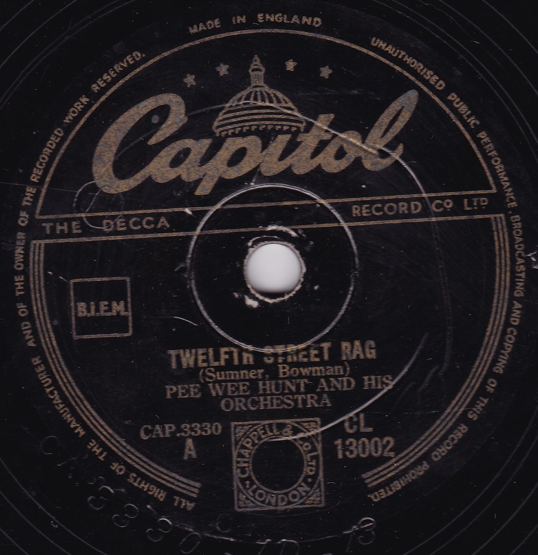 Pee Wee Hunt and His Orchestra - Twelfth Street Rag (Capitol 1948) 10" 78RPM shellac single VG/-