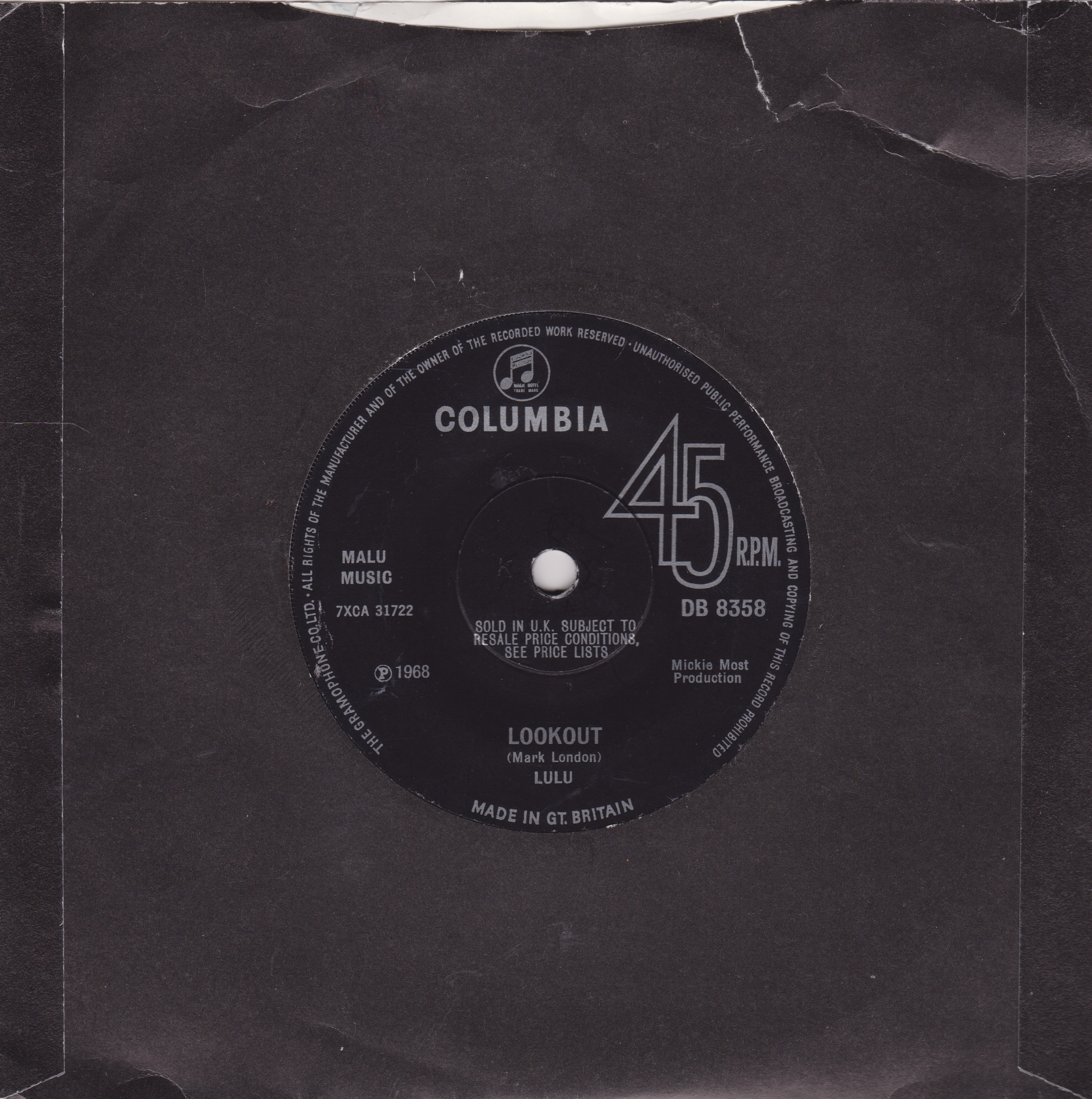 Lulu ‎– Me, The Peaceful Heart (Columbia 1968) 7" vinyl single VG/-