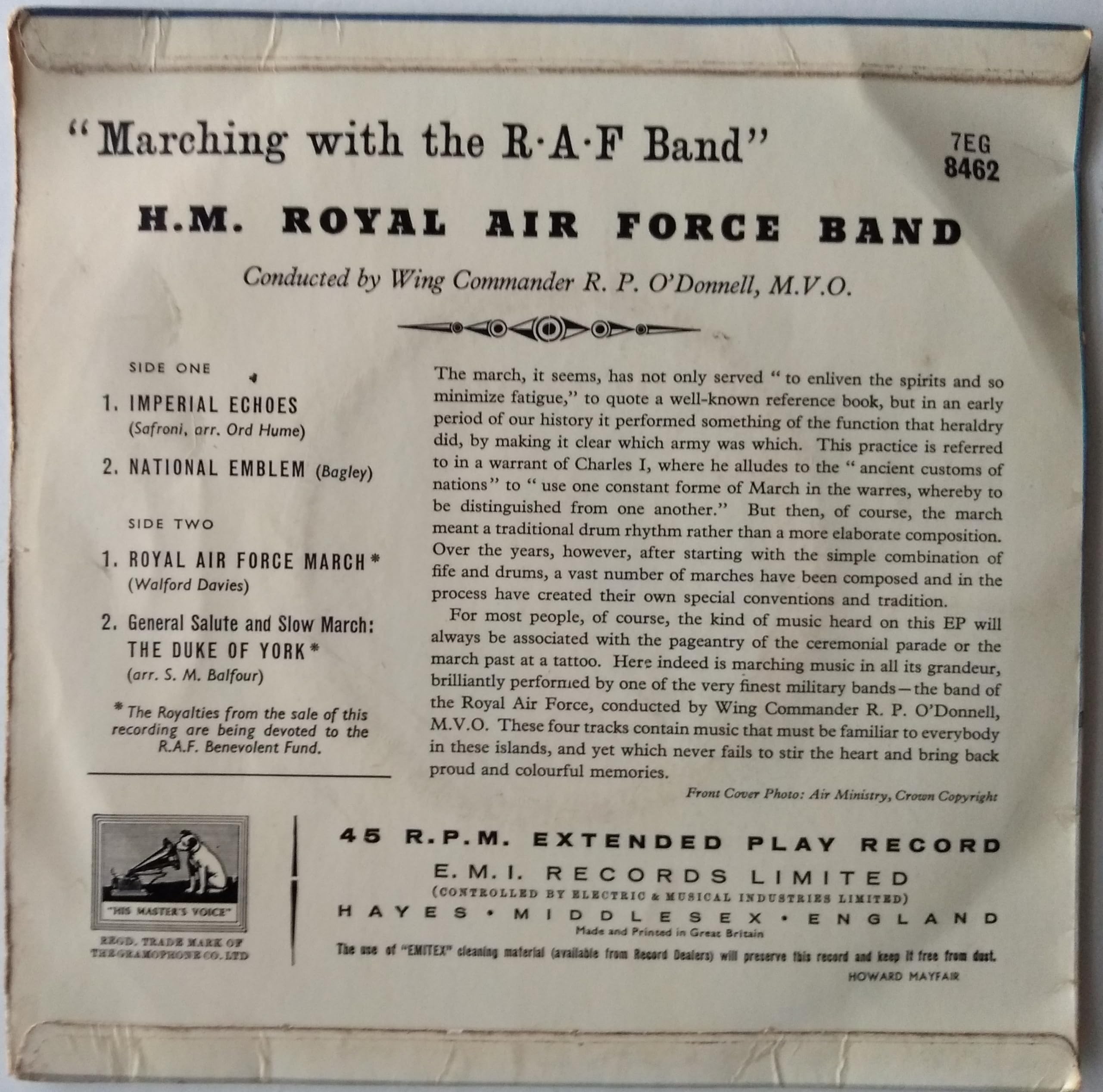 The Band Of H.M. Royal Air Force - Marching With The R.A.F. Band (HMV 1959) 7" vinyl EP VG/VG