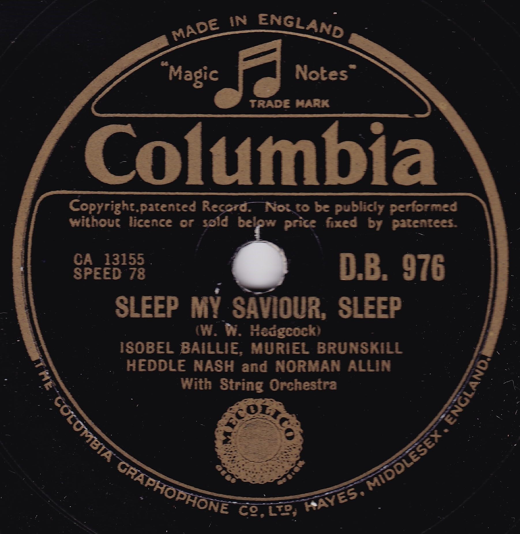Isobel Baillie, Muriel Brunskill, Heddle Nash And Norman Allin – Sleep My Saviour, Sleep (Columbia) 10" 78RPM shellac single VG/-